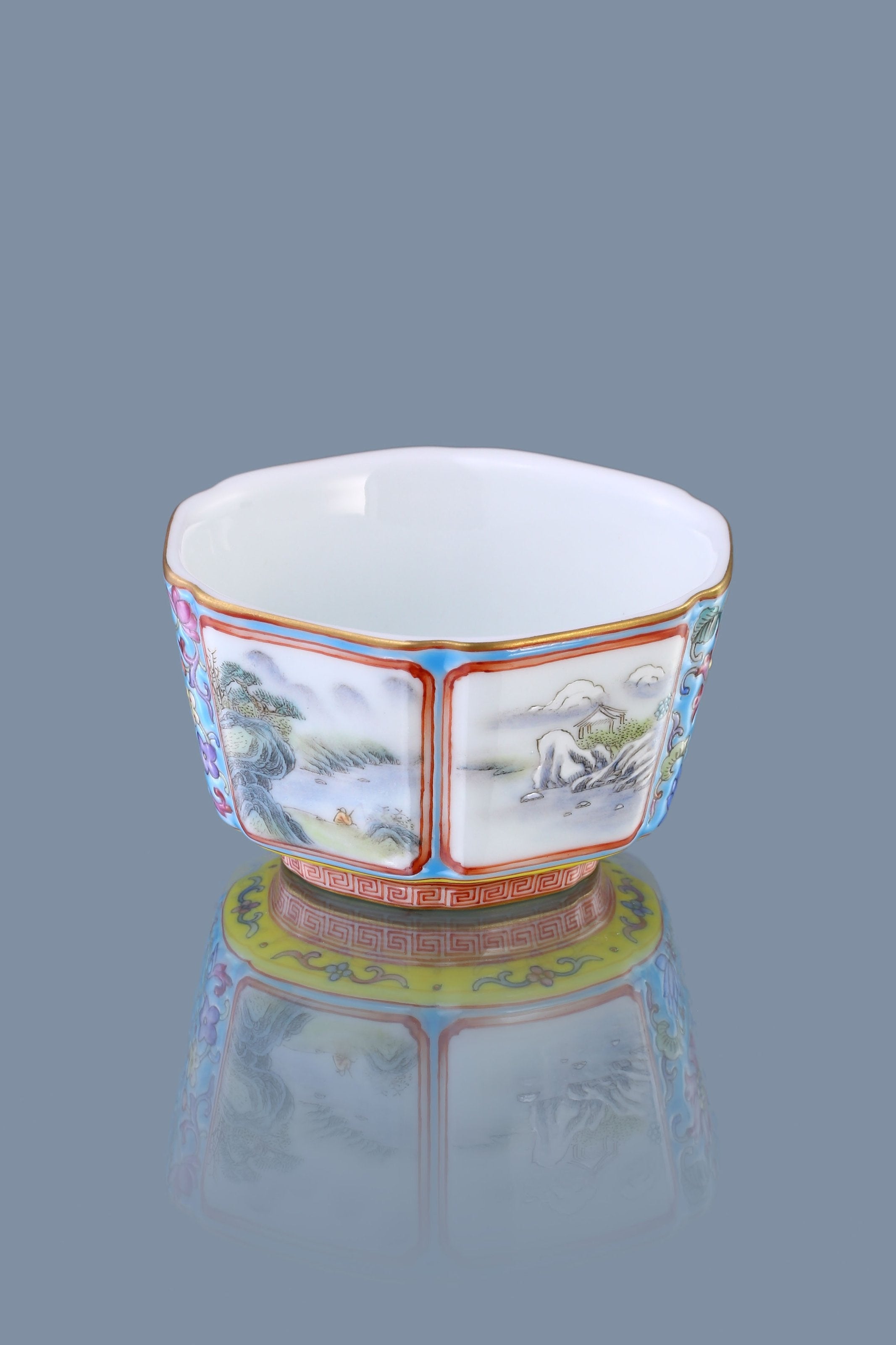 Dayazhai Enamel Landscape/Blue and White Hexagonal Cup with Window