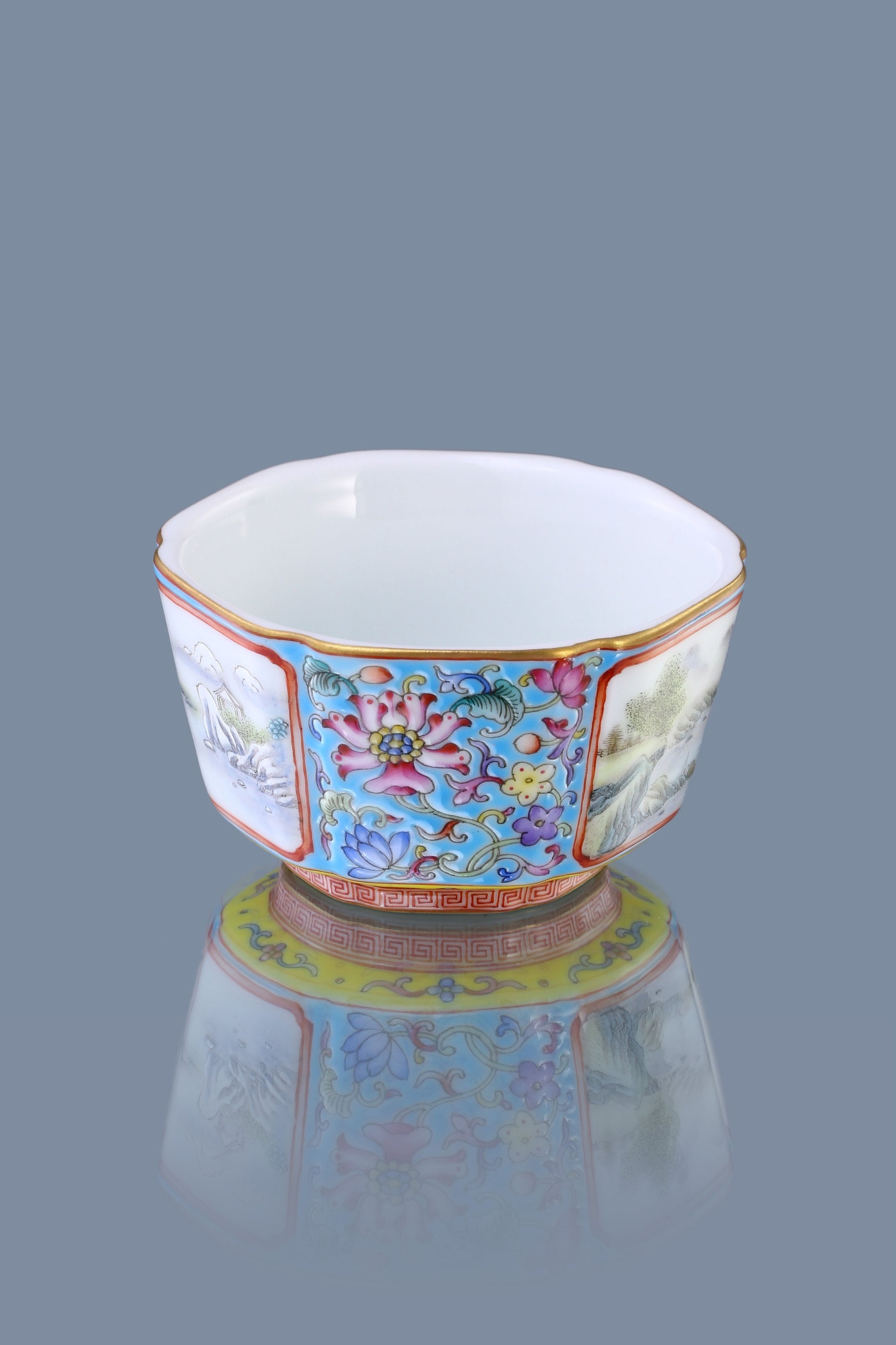 Dayazhai Enamel Landscape/Blue and White Hexagonal Cup with Window