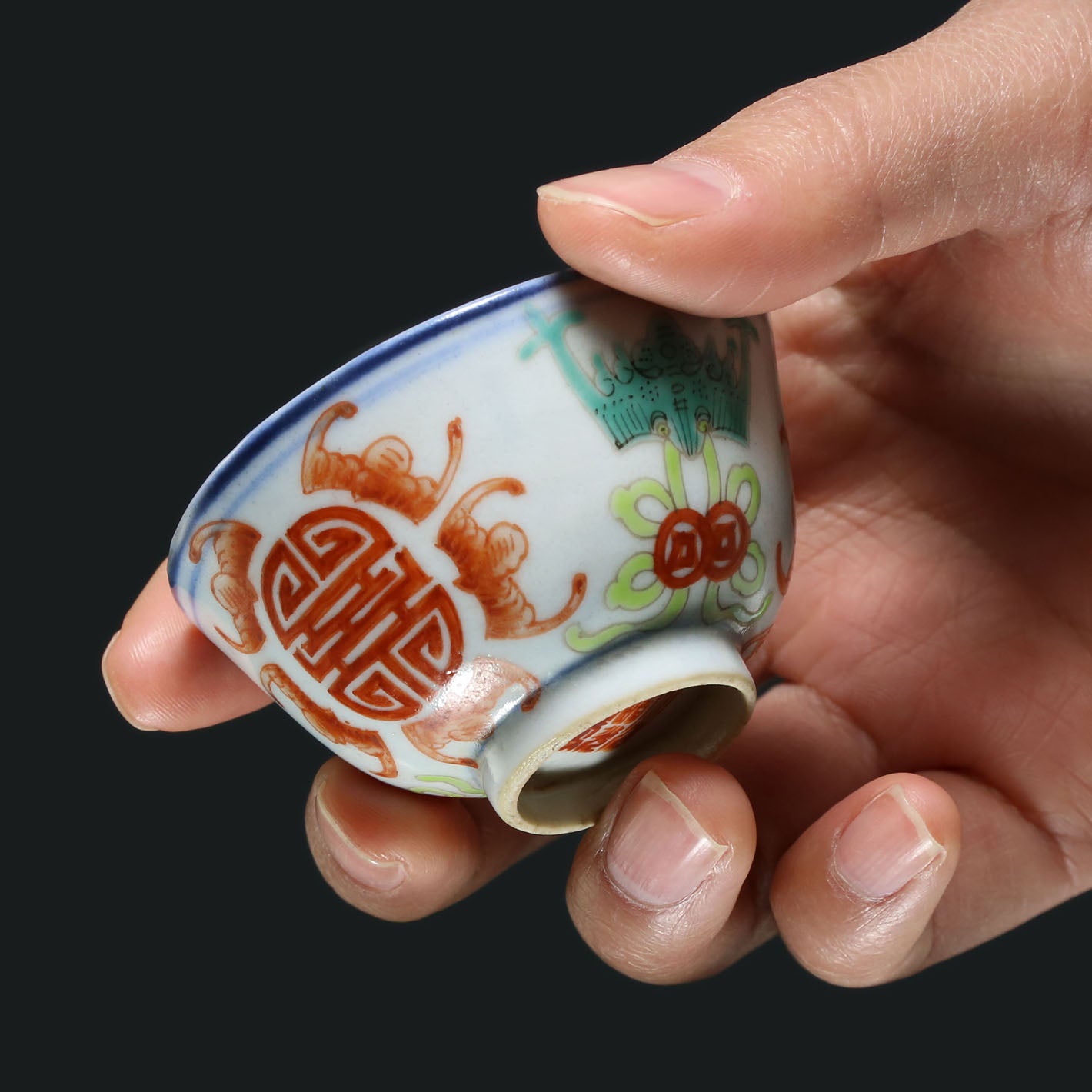 Double Flying Together / Blessed with Longevity and Happiness / Peach Blossoms in Full Bloom Doucai Cup