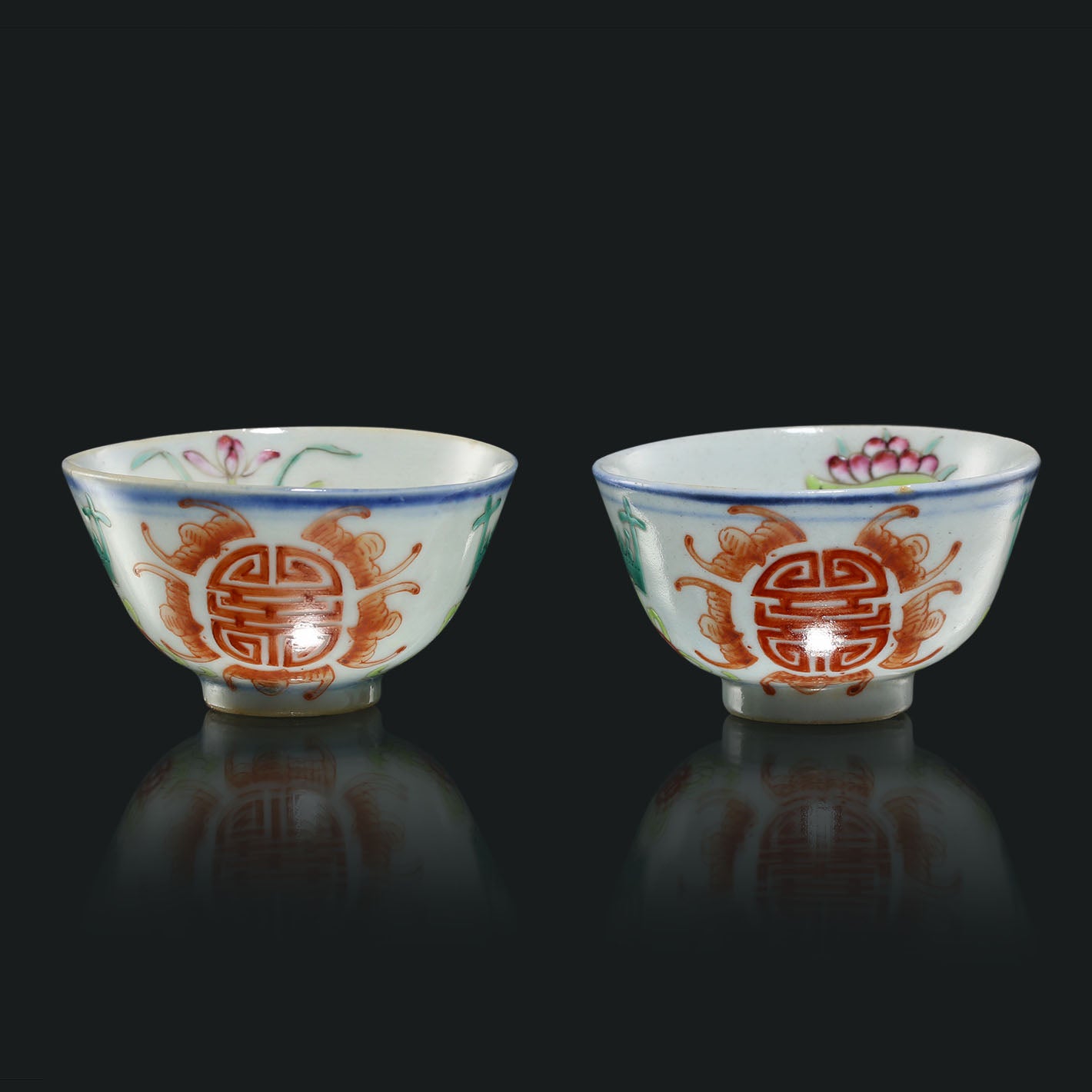 Double Flying Together / Blessed with Longevity and Happiness / Peach Blossoms in Full Bloom Doucai Cup