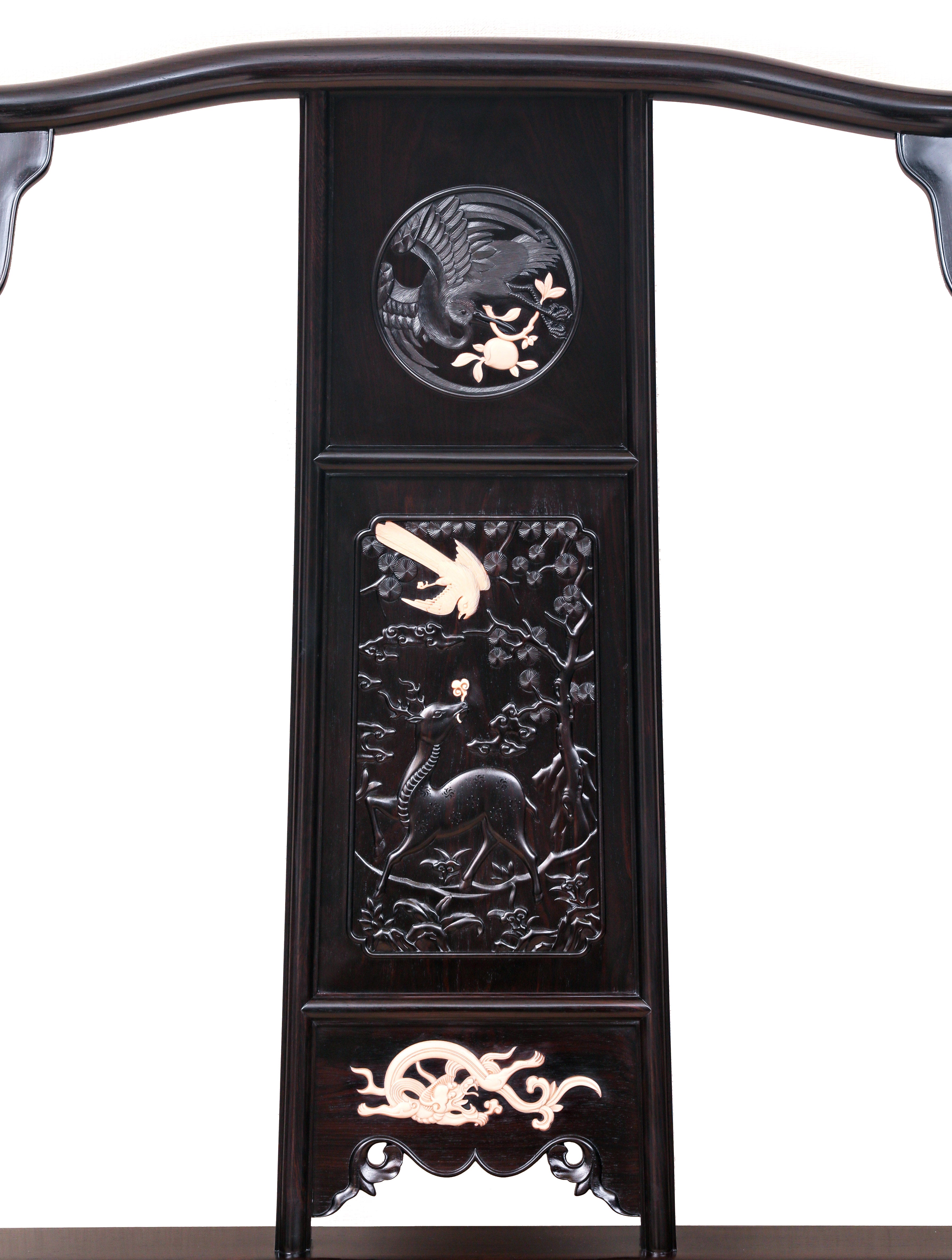 Purple sandalwood inlaid with seahorse ivory, crane and deer symbolizing spring, four-cornered official's hat chair