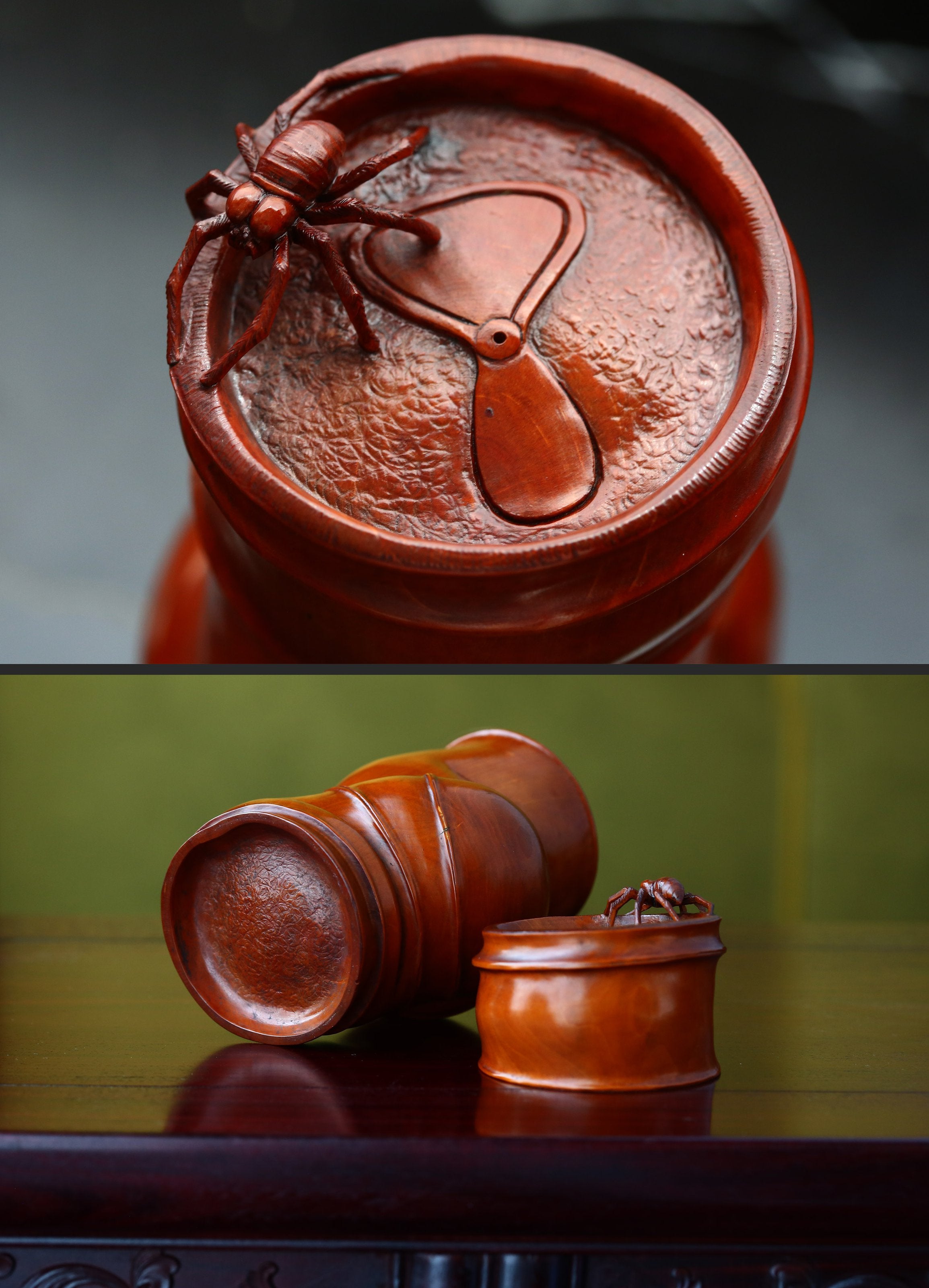 Boxwood carved bamboo-patterned "Contentment" tea canister