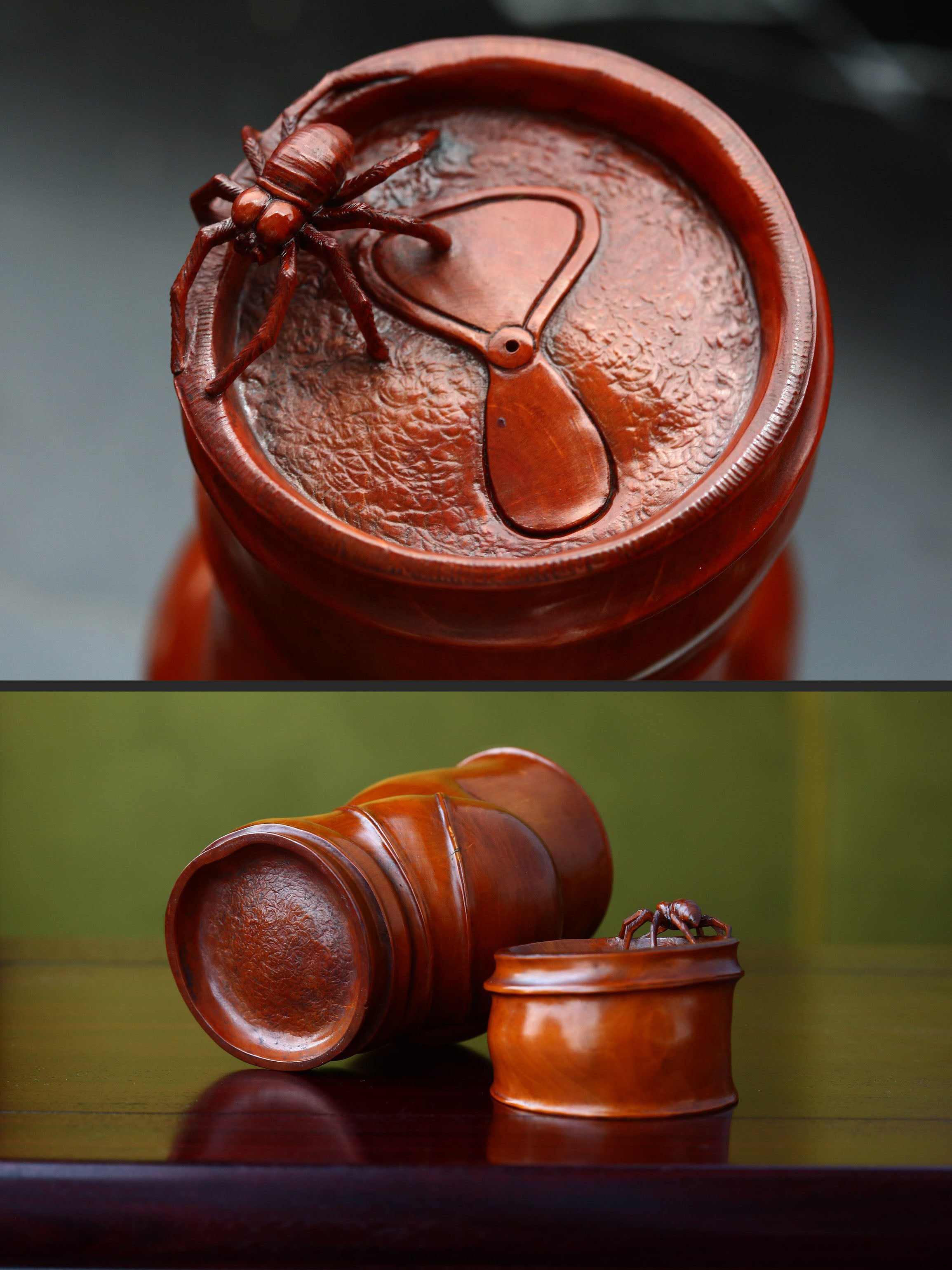 Boxwood carved bamboo-patterned "Contentment" tea canister