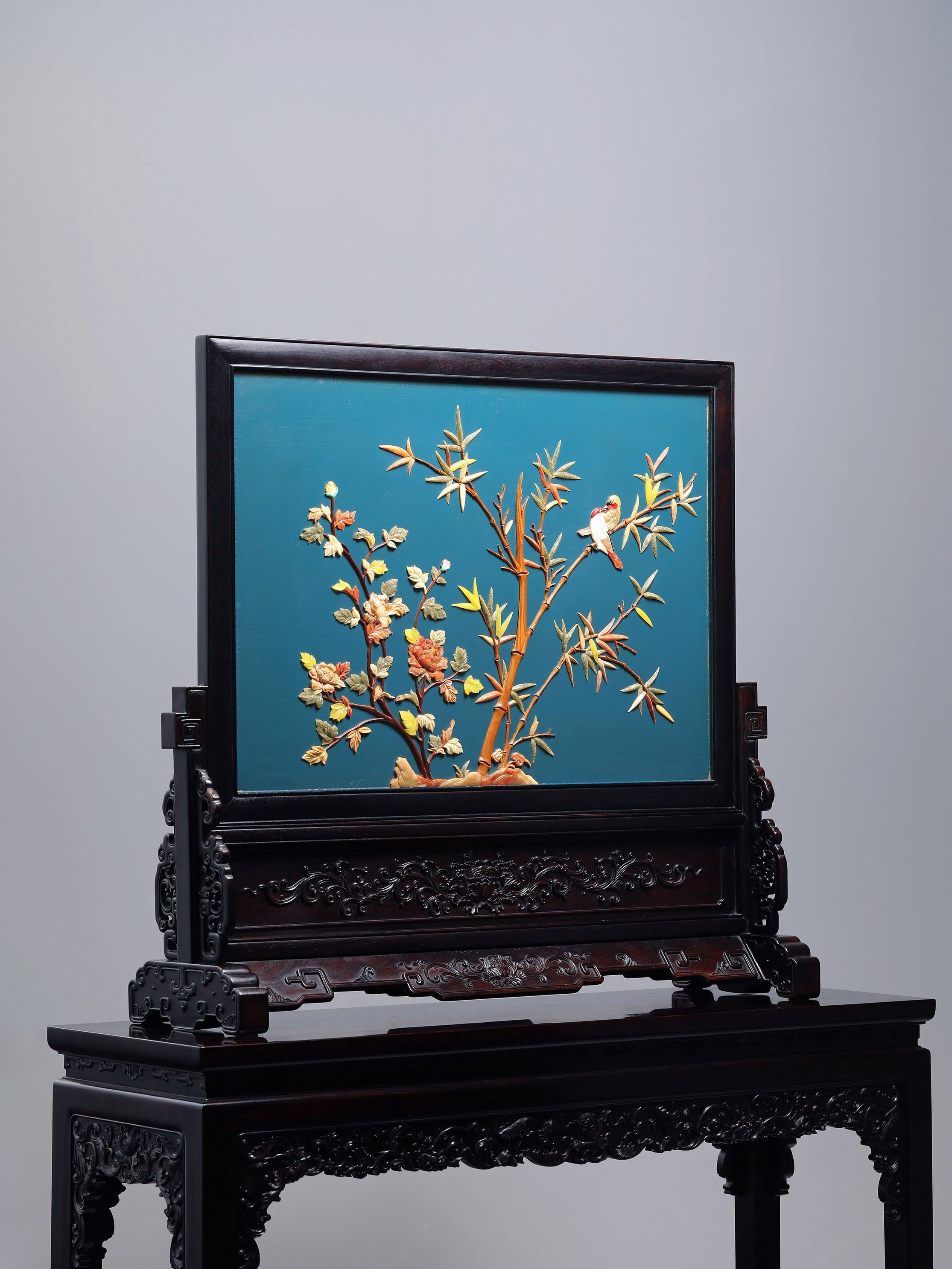 Rosewood Inlaid Flower and Bird Pattern Screen