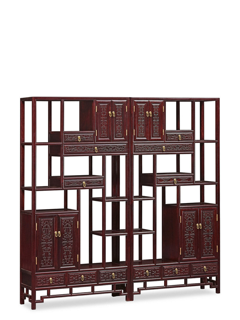 A pair of Zambian rosewood display shelves with fretwork design