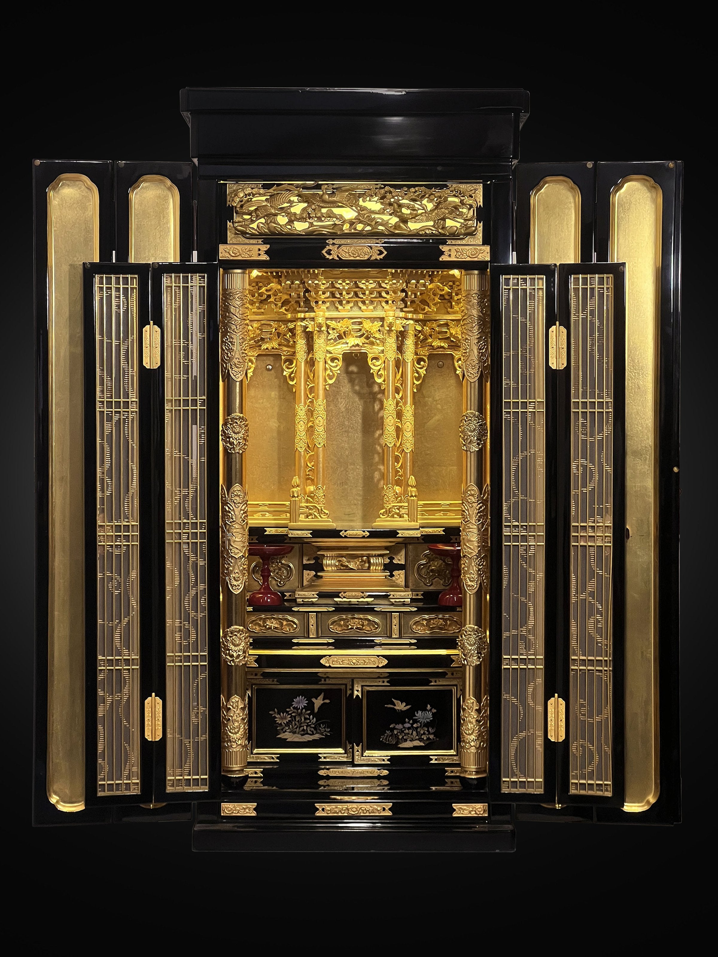 Lacquered and gold-carved crane and flower balustrade Buddhist niche