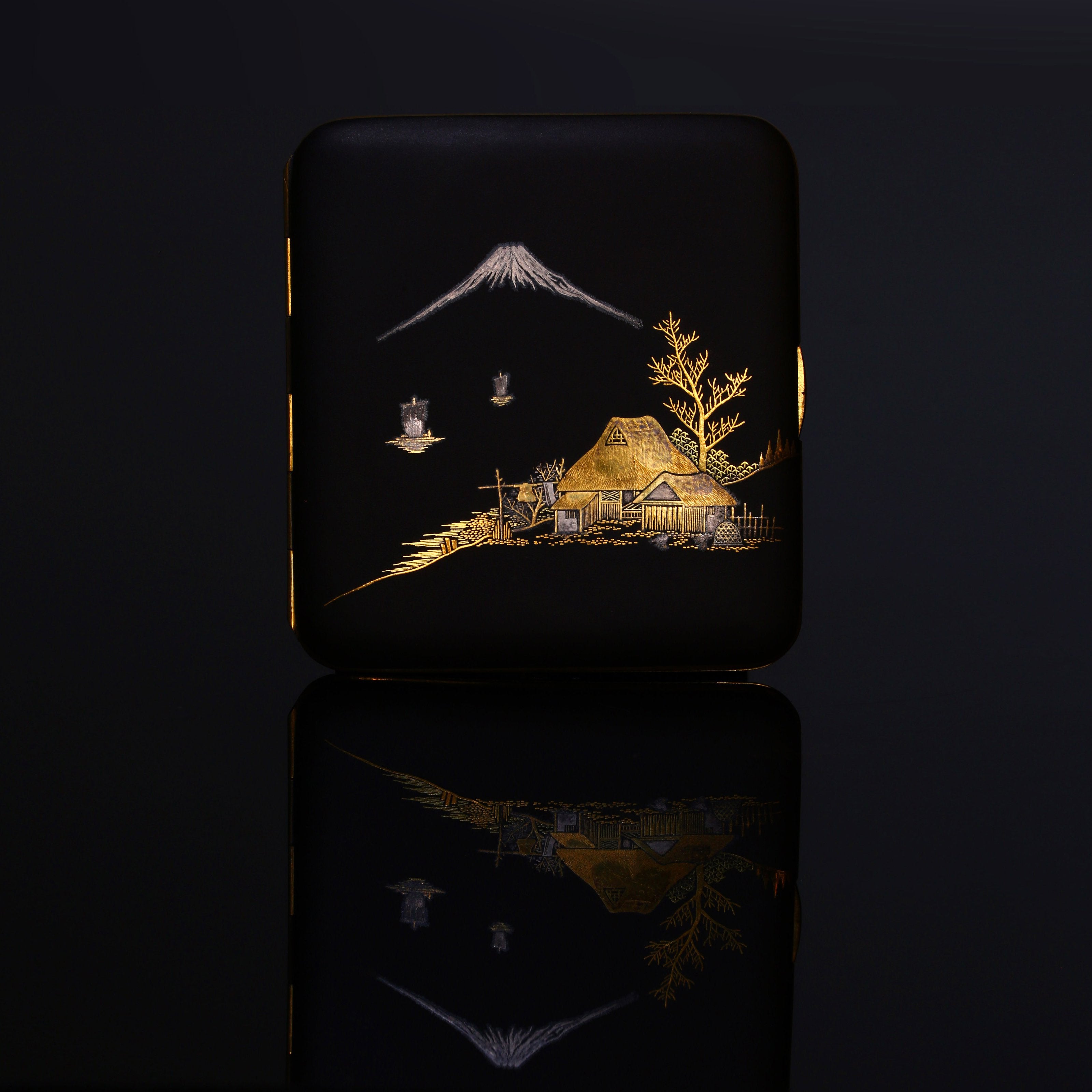 Komai Ironworks Inlaid Gold "River Boat Fire Shines Alone" Cigarette Box