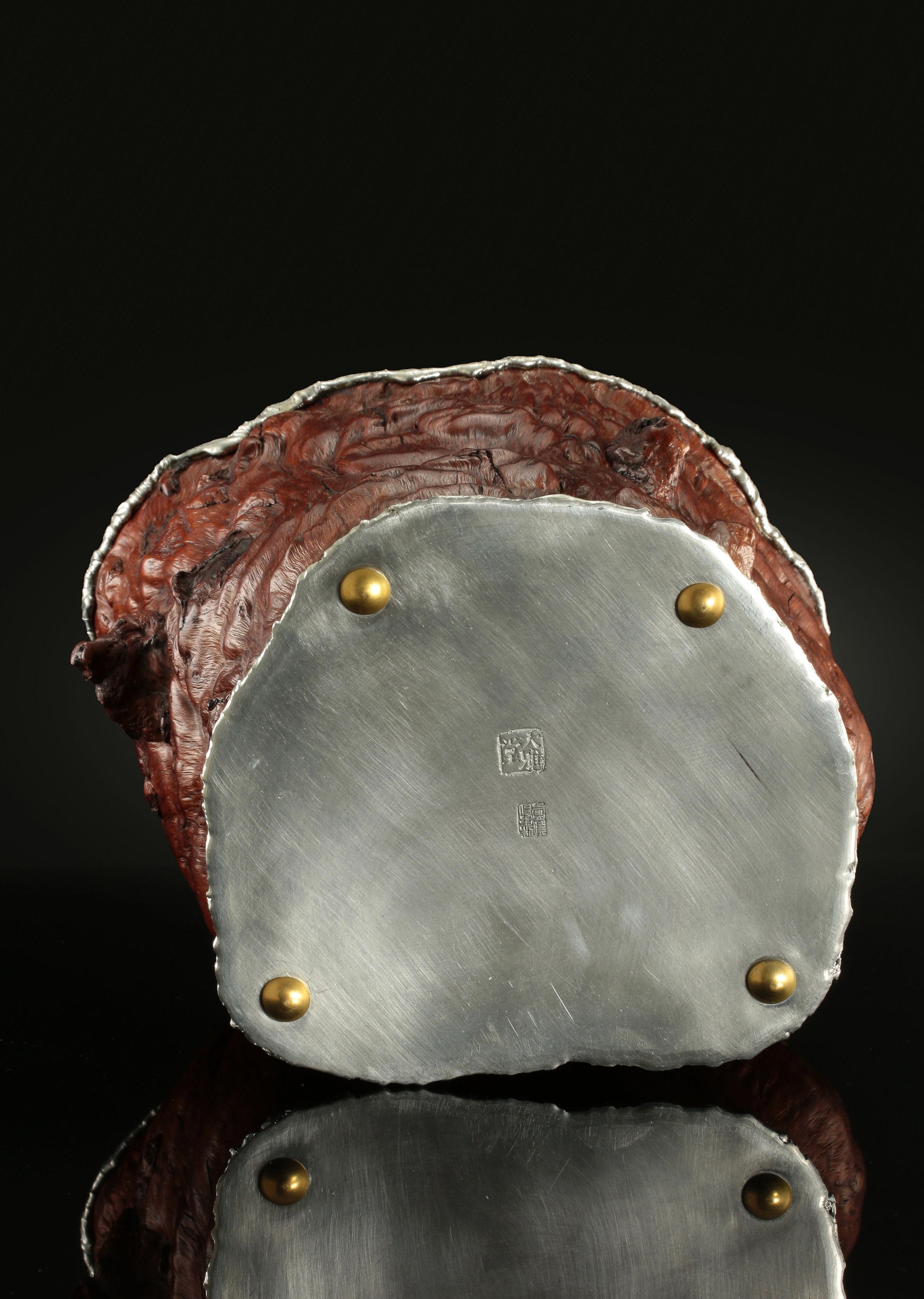 Tough and sturdy tin-carved burl wood tea caddy