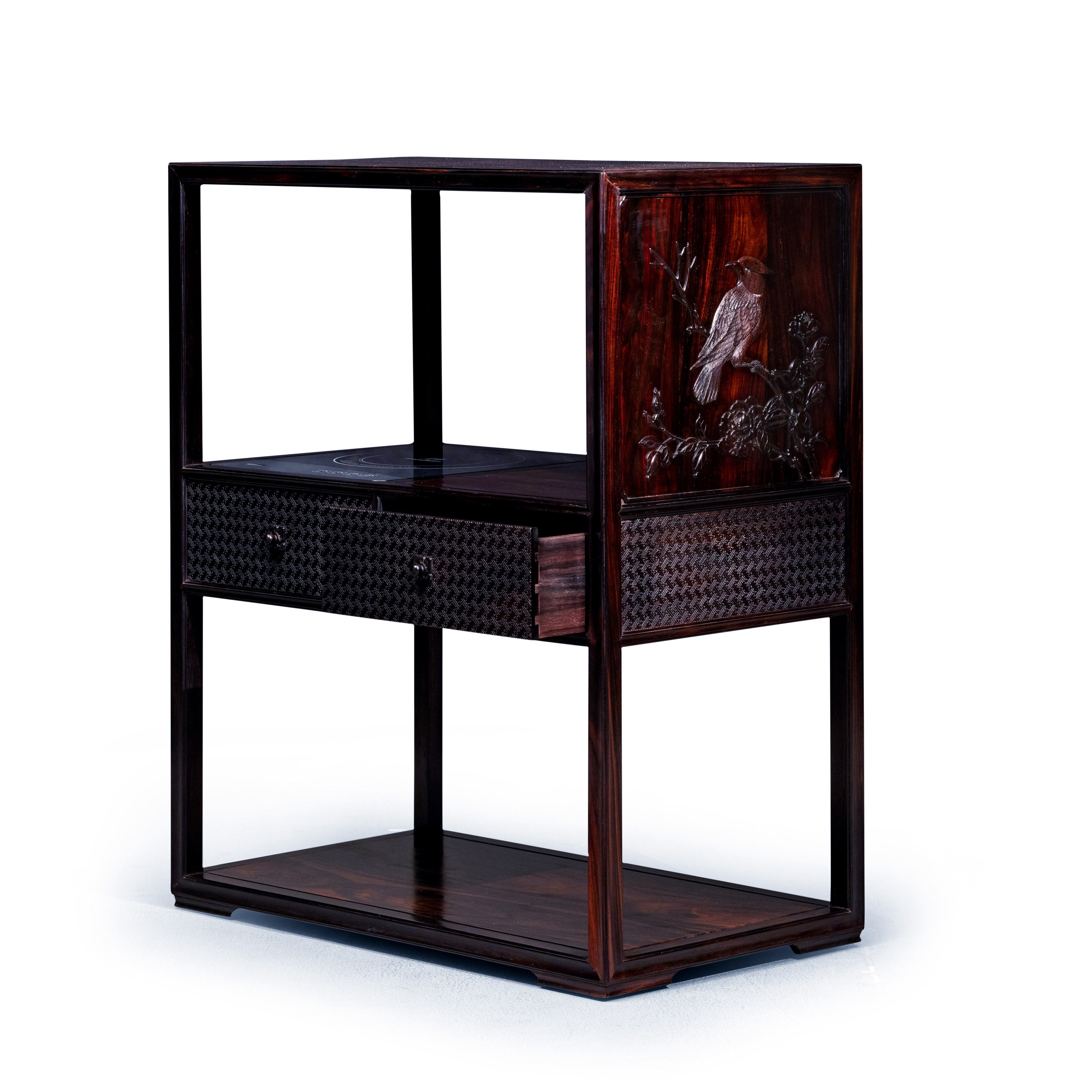 Rosewood Tea Stand with Swastika Pattern and Auspicious Bird Design