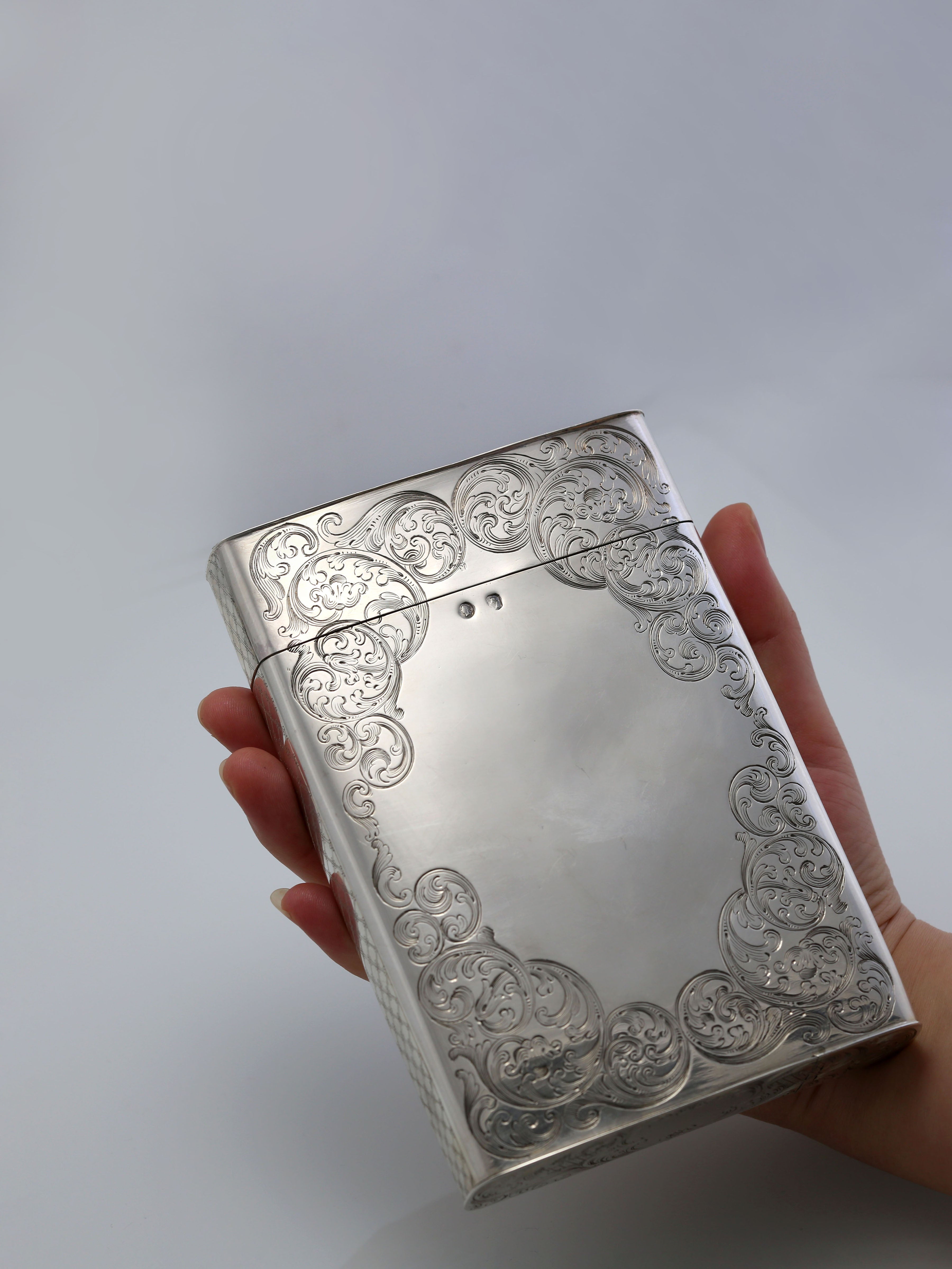 Sterling silver cigar box with engraved scrollwork, made in Dublin, England, 1867-1868.