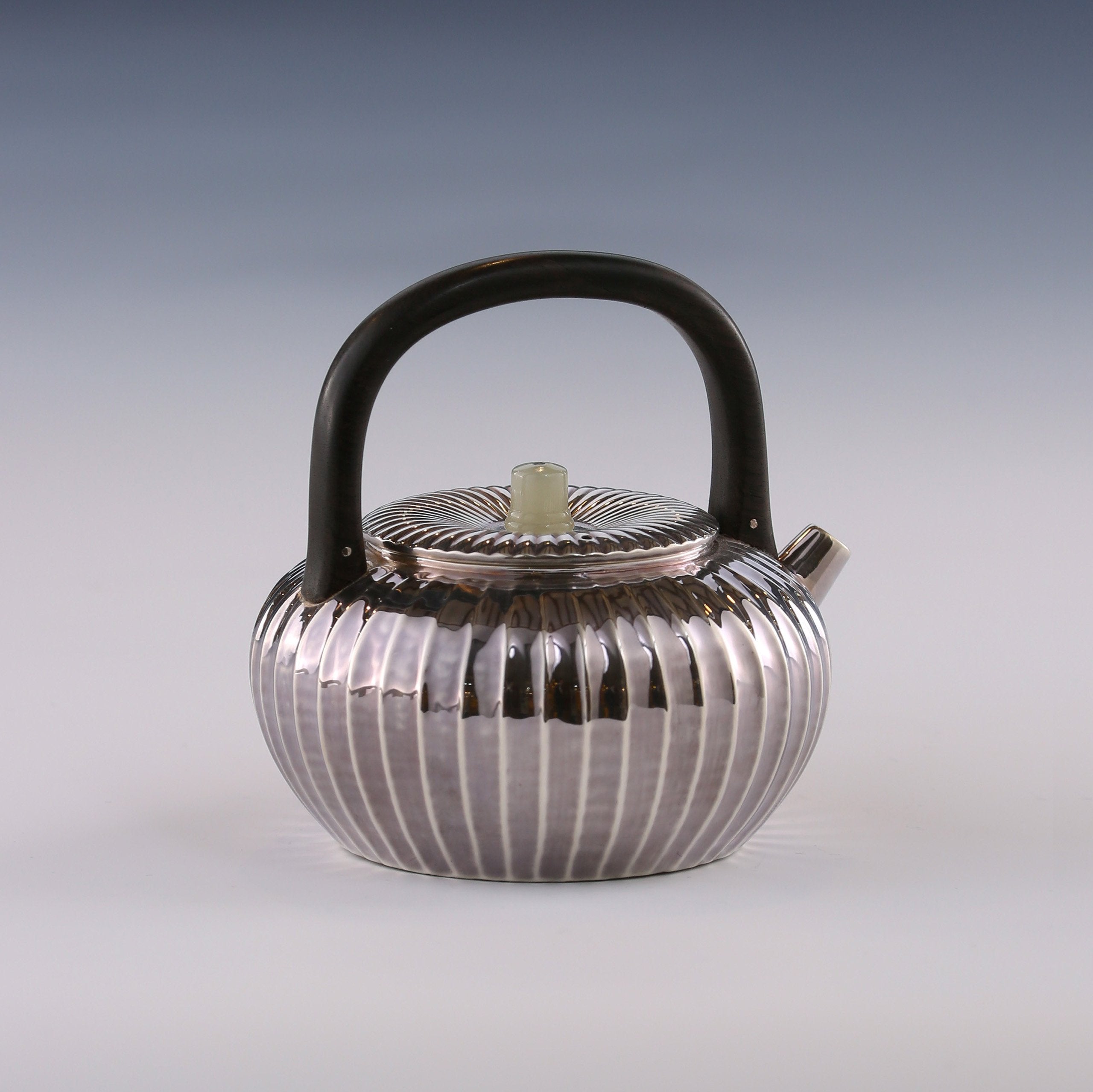 Chrysanthemum petal wooden handle silver teapot