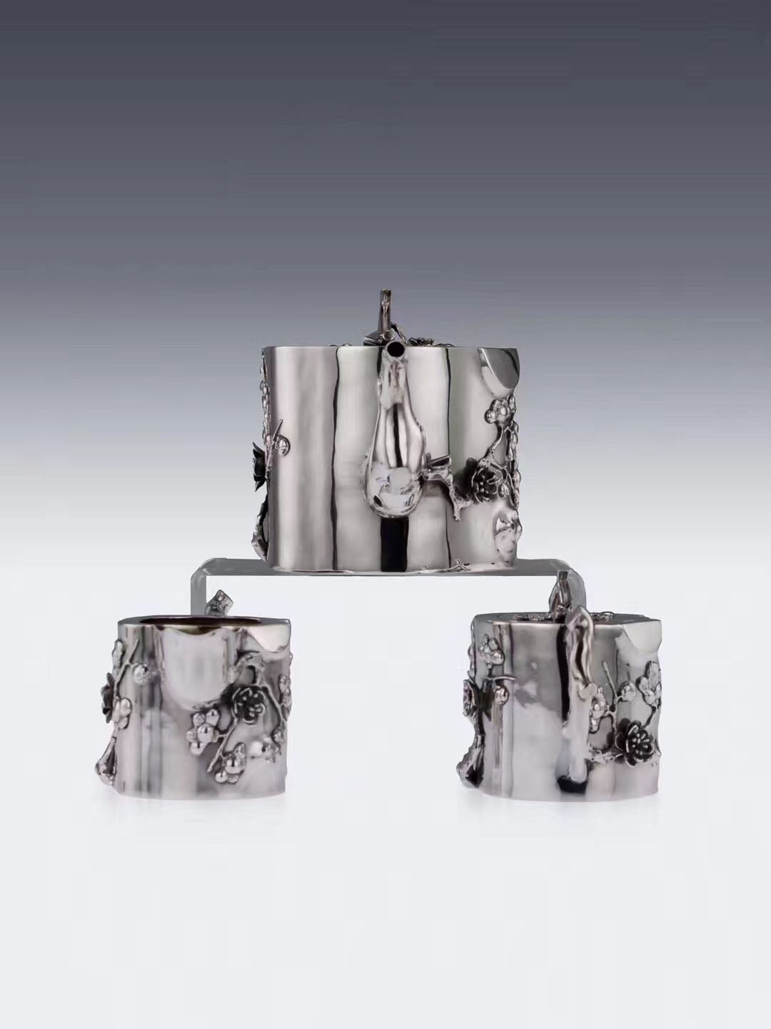 Kangxi Longevity Plum Blossom Stump Pure Silver Tea Set