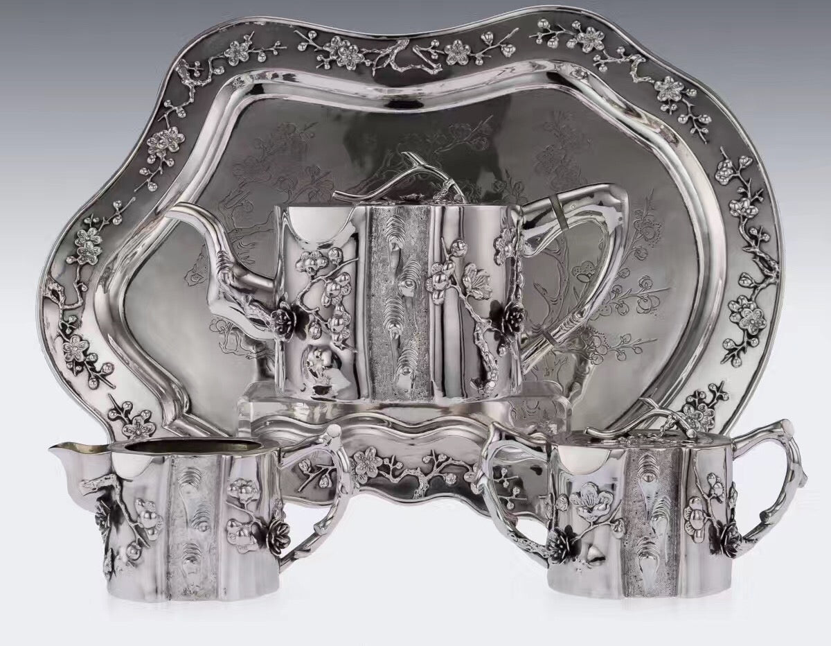 Kangxi Longevity Plum Blossom Stump Pure Silver Tea Set