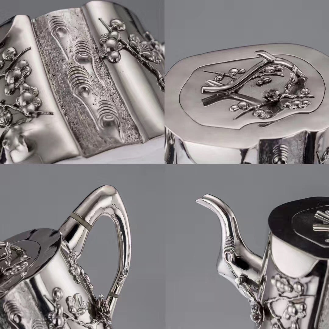 Kangxi Longevity Plum Blossom Stump Pure Silver Tea Set