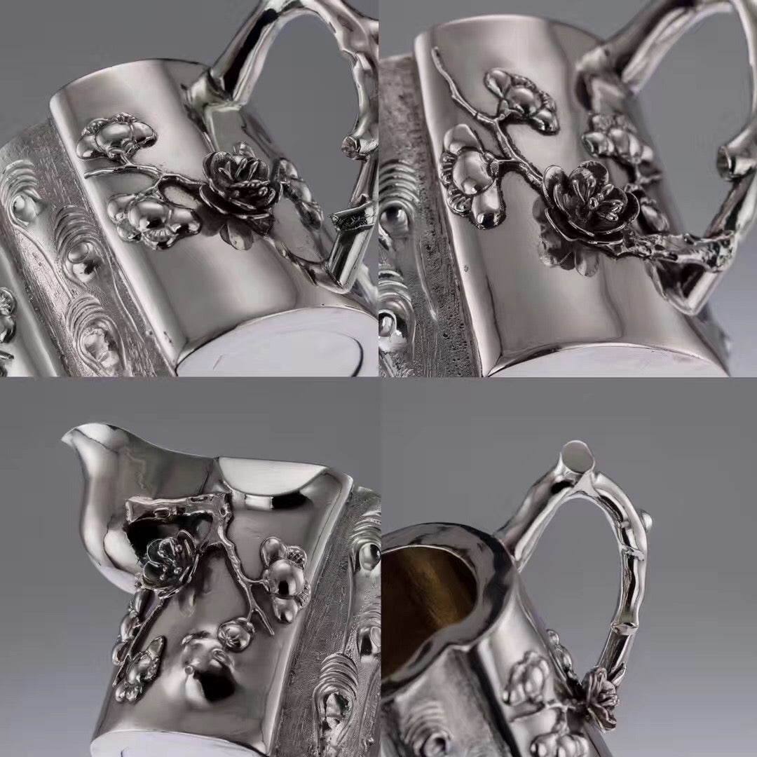 Kangxi Longevity Plum Blossom Stump Pure Silver Tea Set