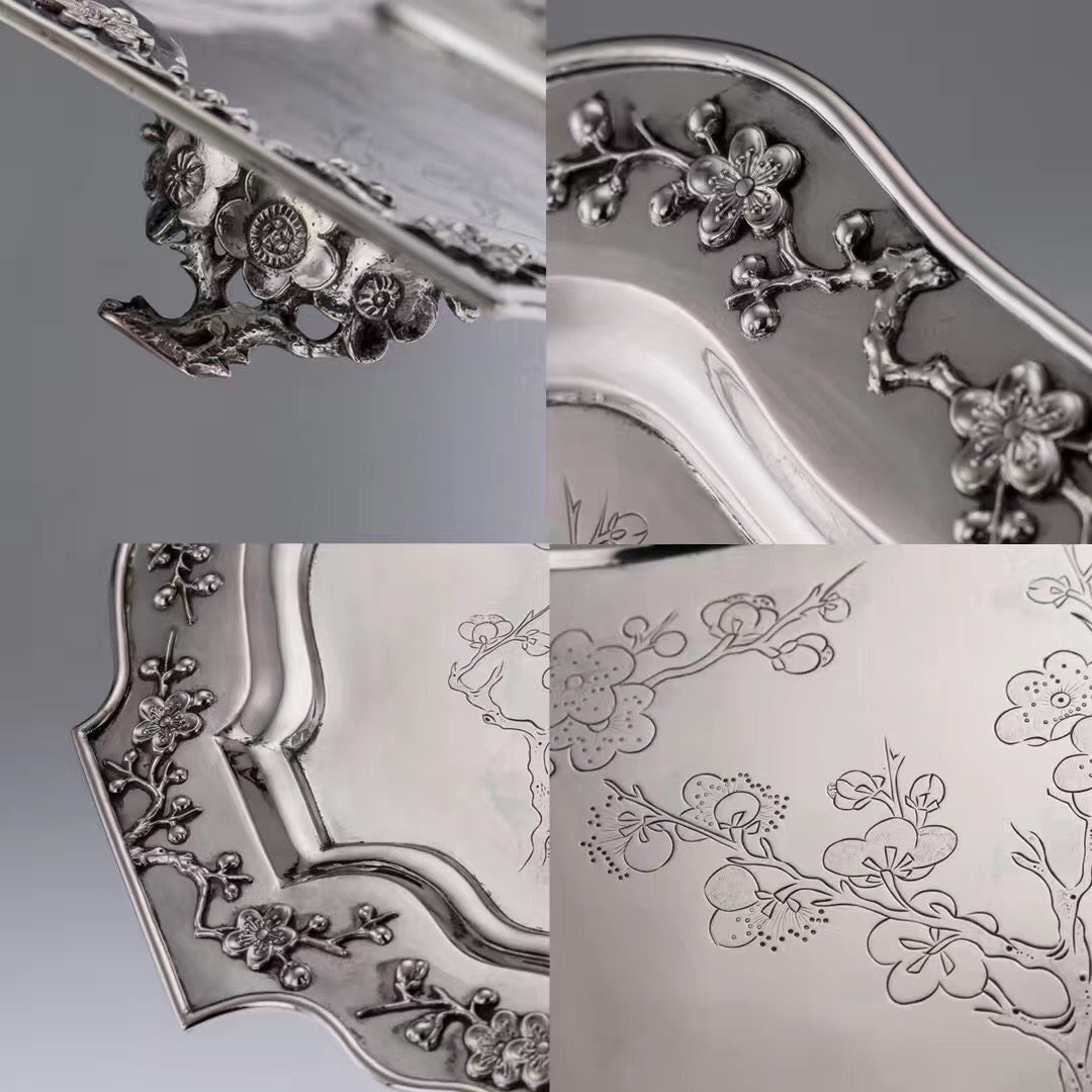 Kangxi Longevity Plum Blossom Stump Pure Silver Tea Set