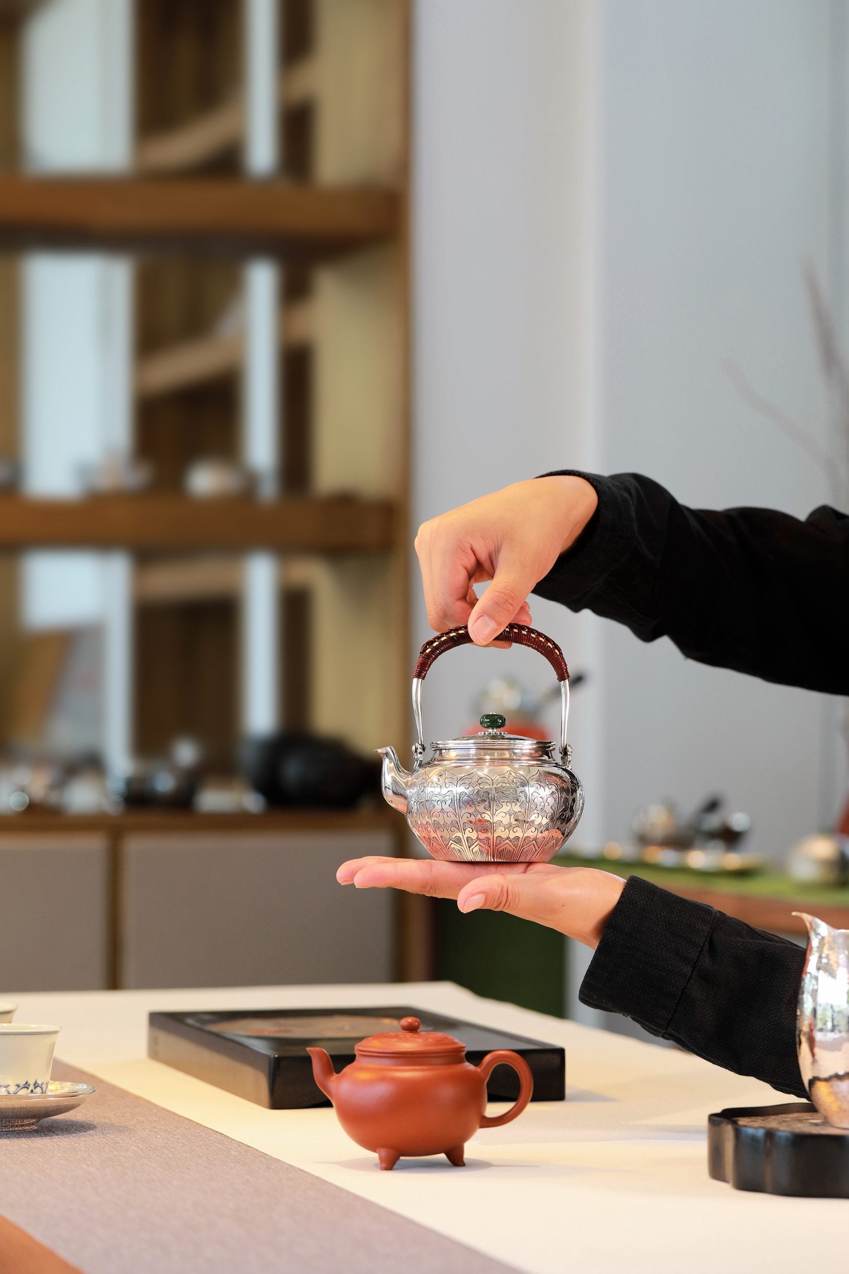 Lotus petal sterling silver teapot with handle