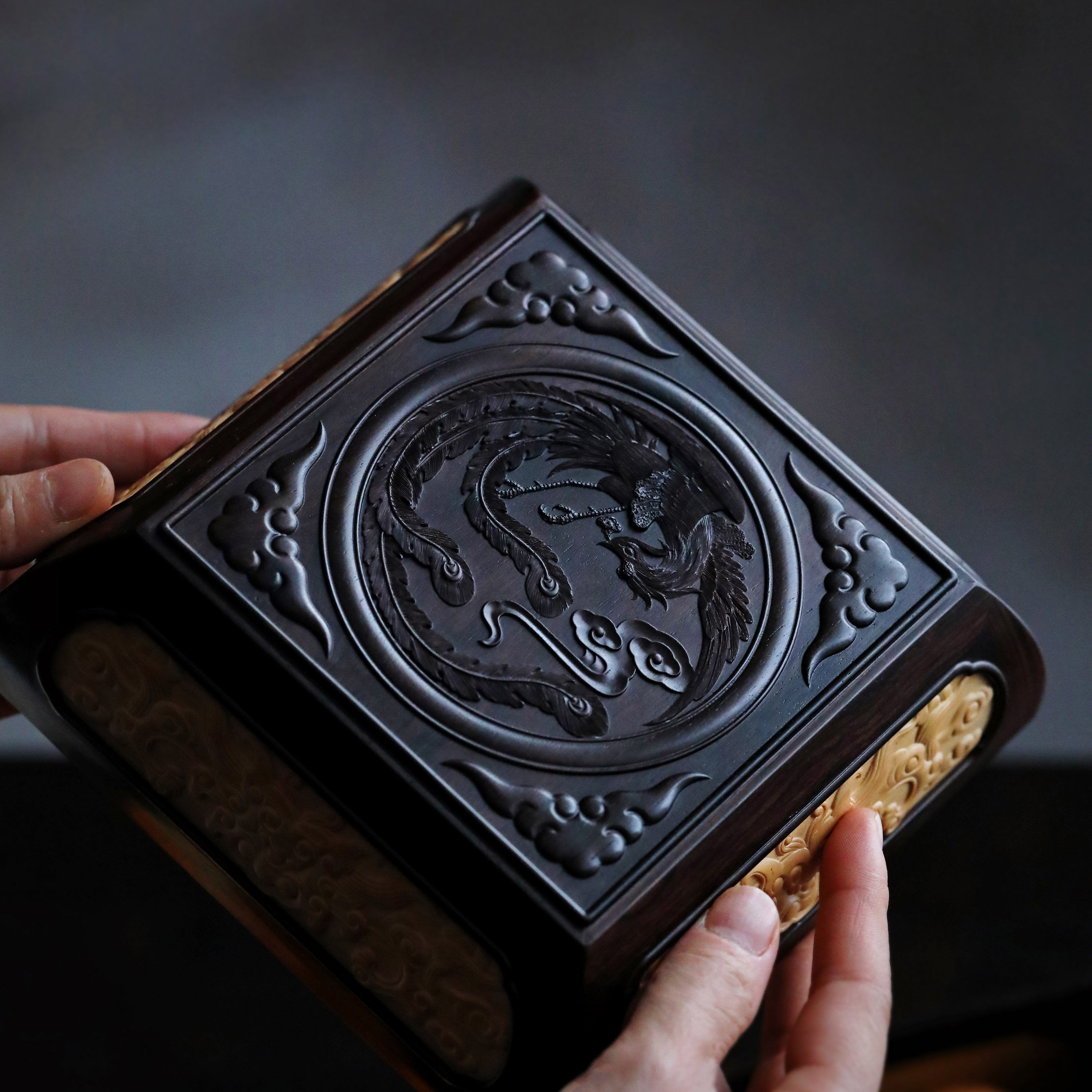 Purple sandalwood box inlaid with boxwood dragon and phoenix design