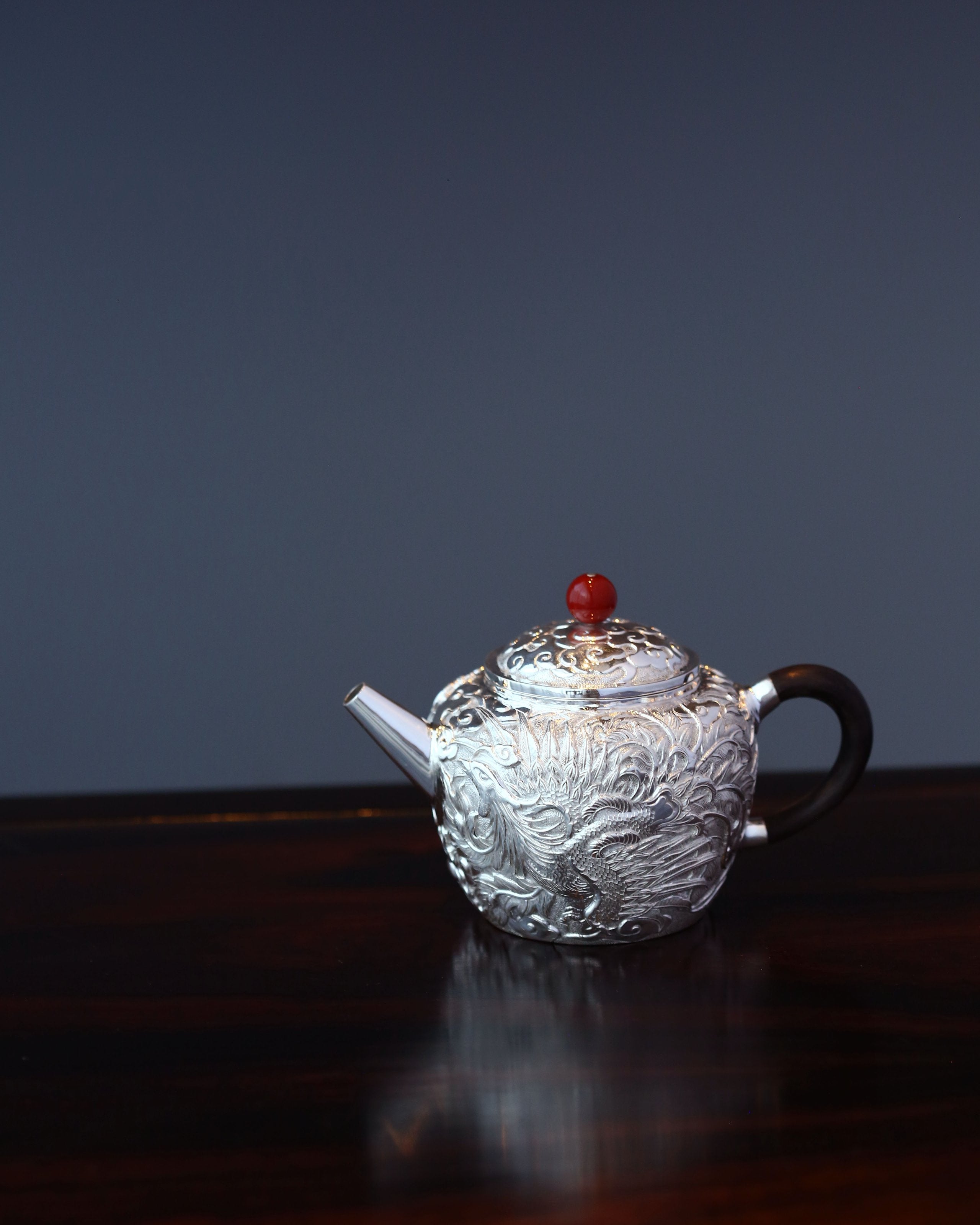 Dragon and Phoenix Sterling Silver Teapot