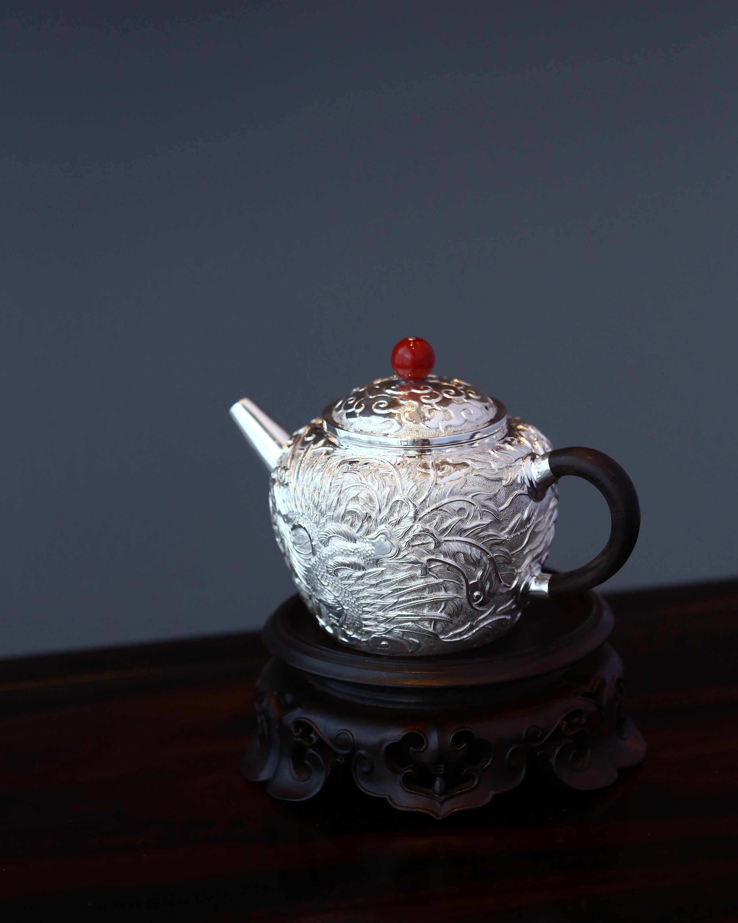 Dragon and Phoenix Sterling Silver Teapot