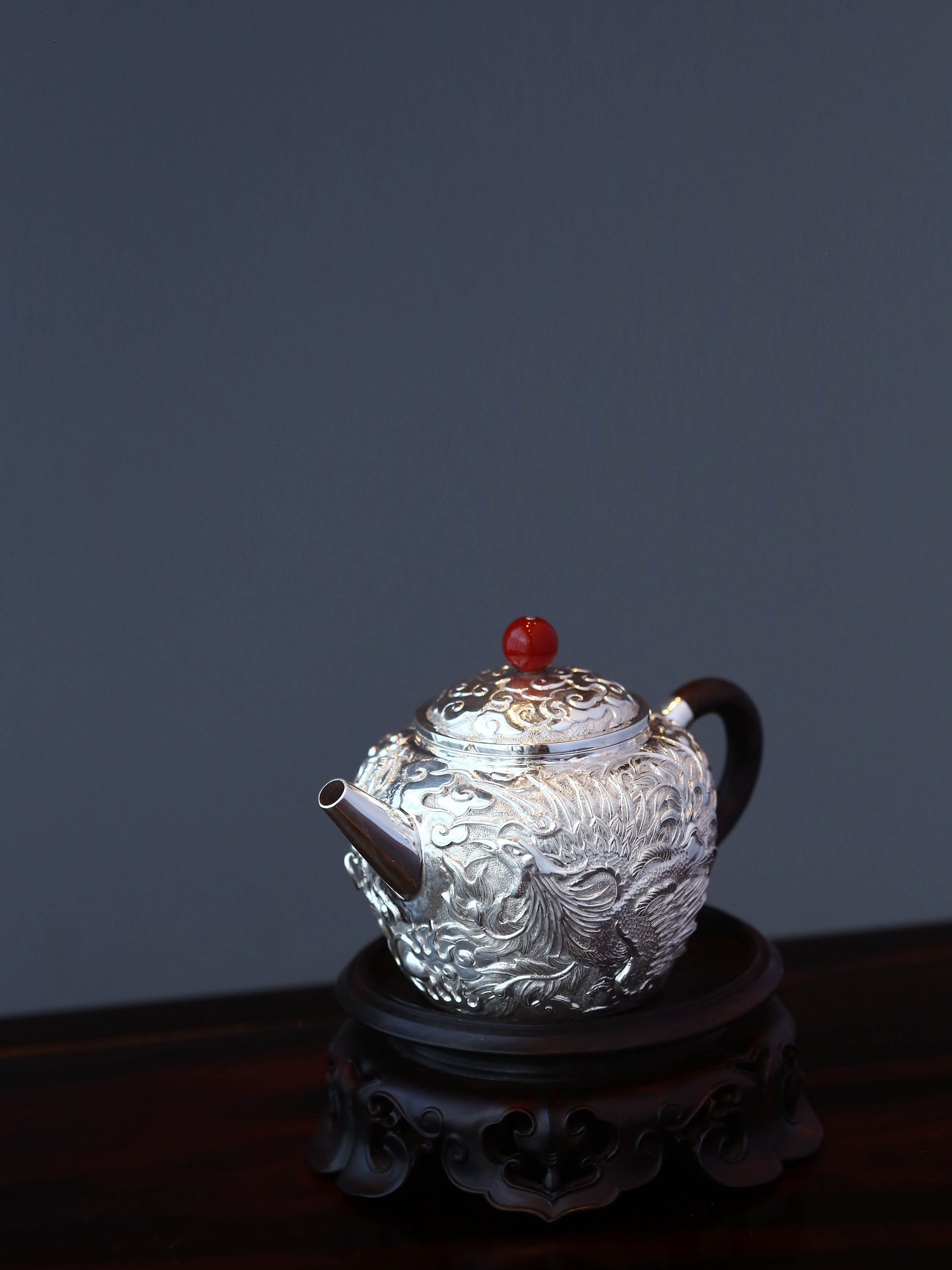 Dragon and Phoenix Sterling Silver Teapot