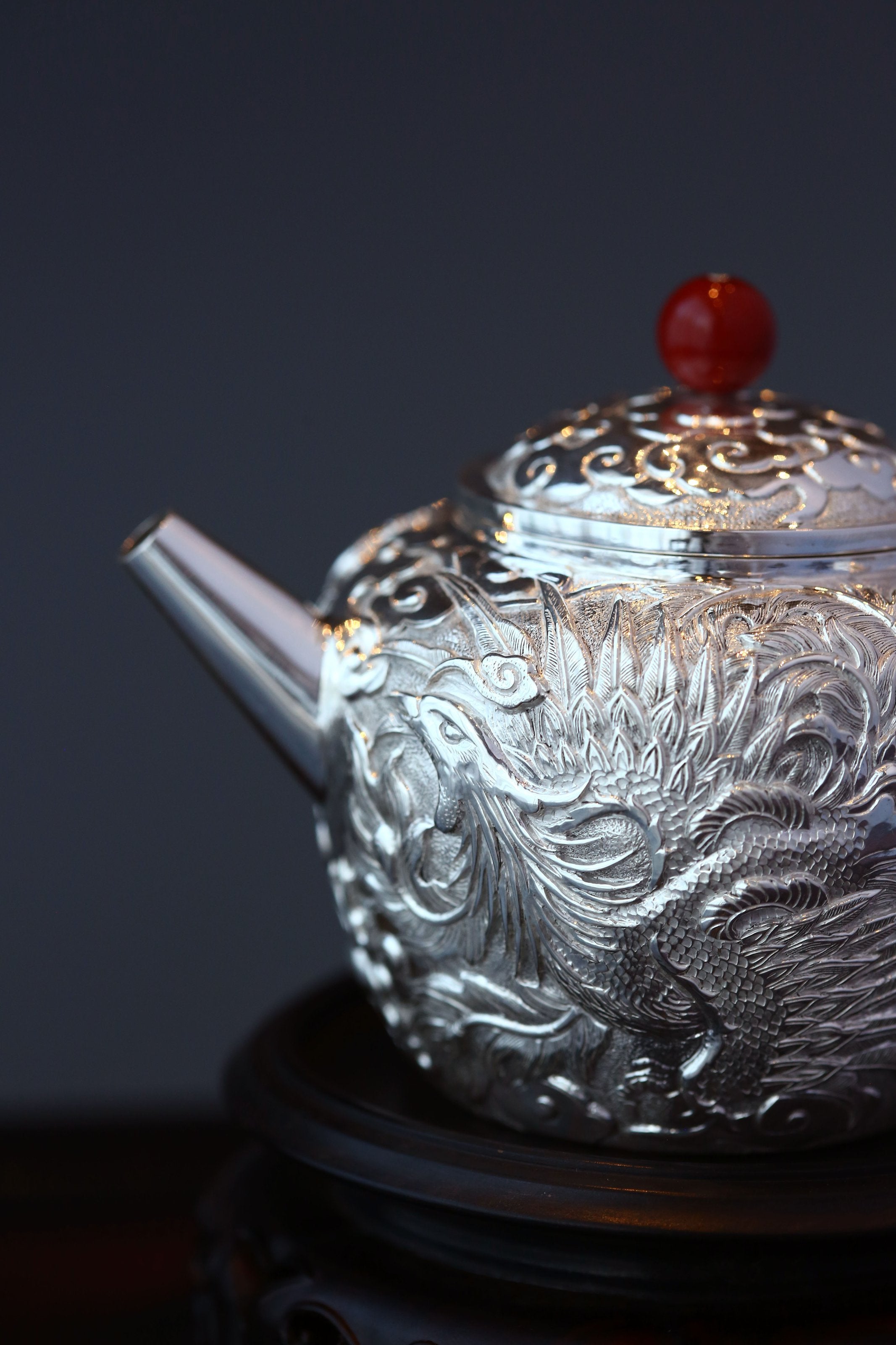 Dragon and Phoenix Sterling Silver Teapot
