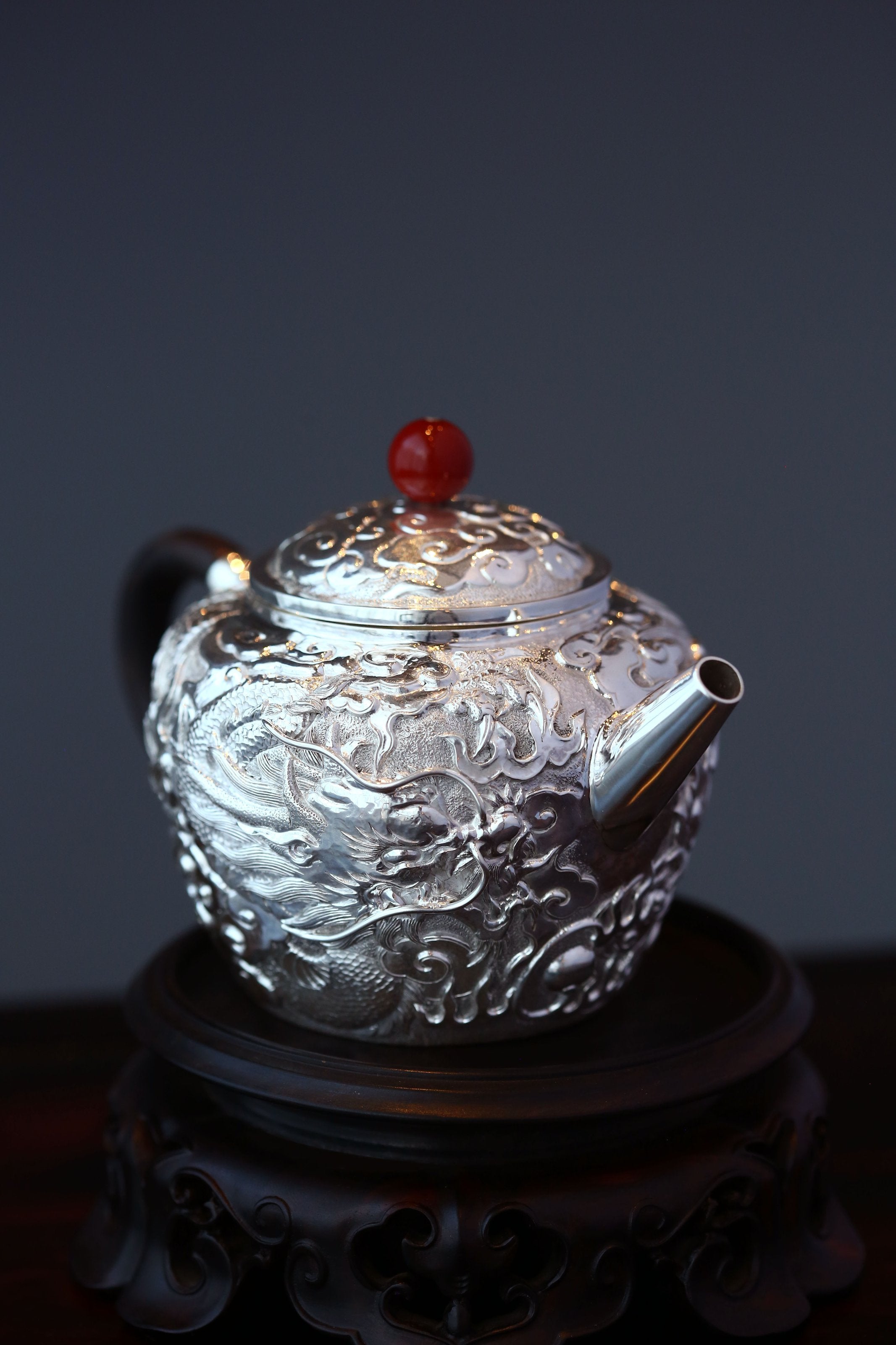 Dragon and Phoenix Sterling Silver Teapot