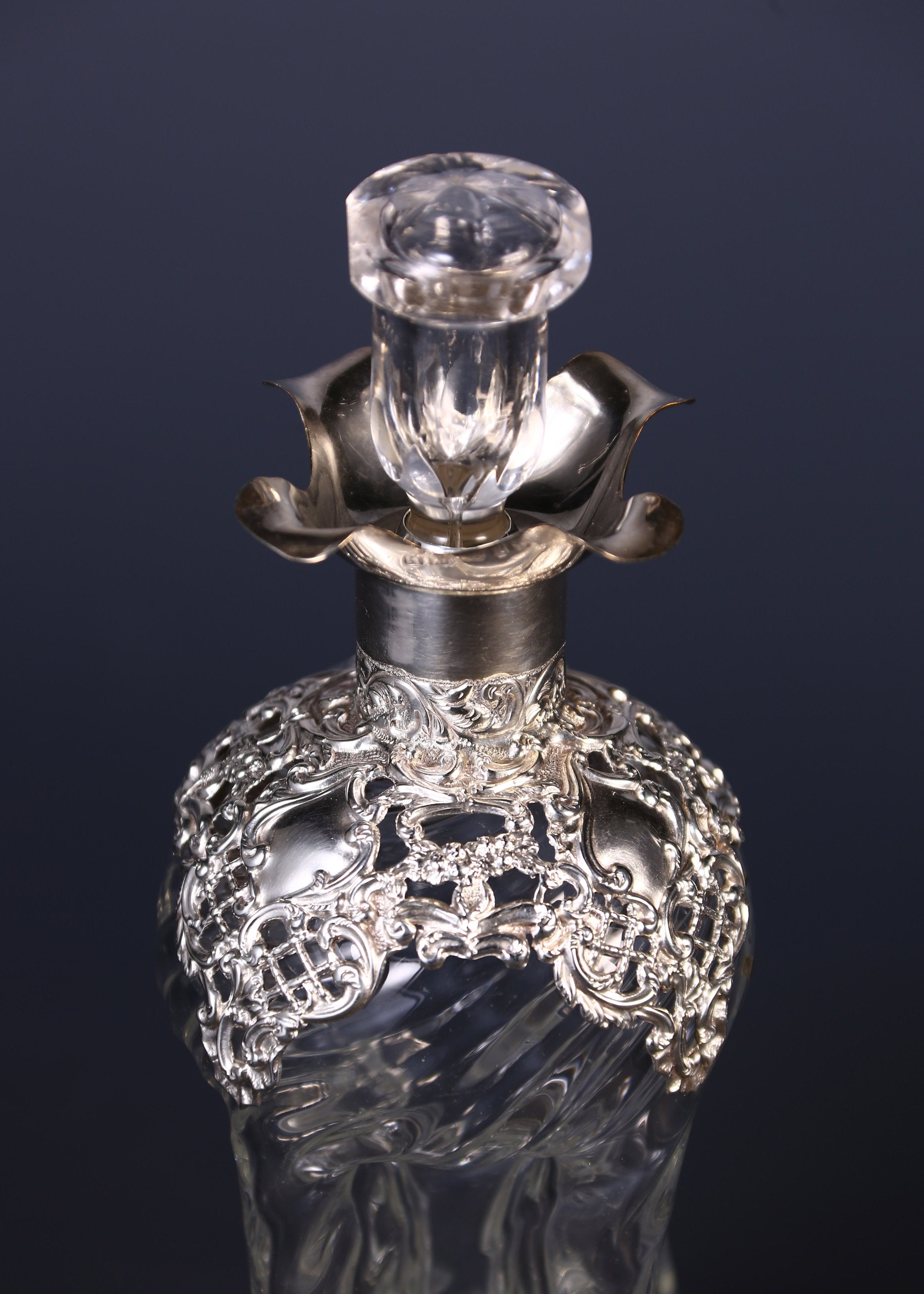 1898 British Sterling Silver Openwork Floral Crystal Wine Bottle