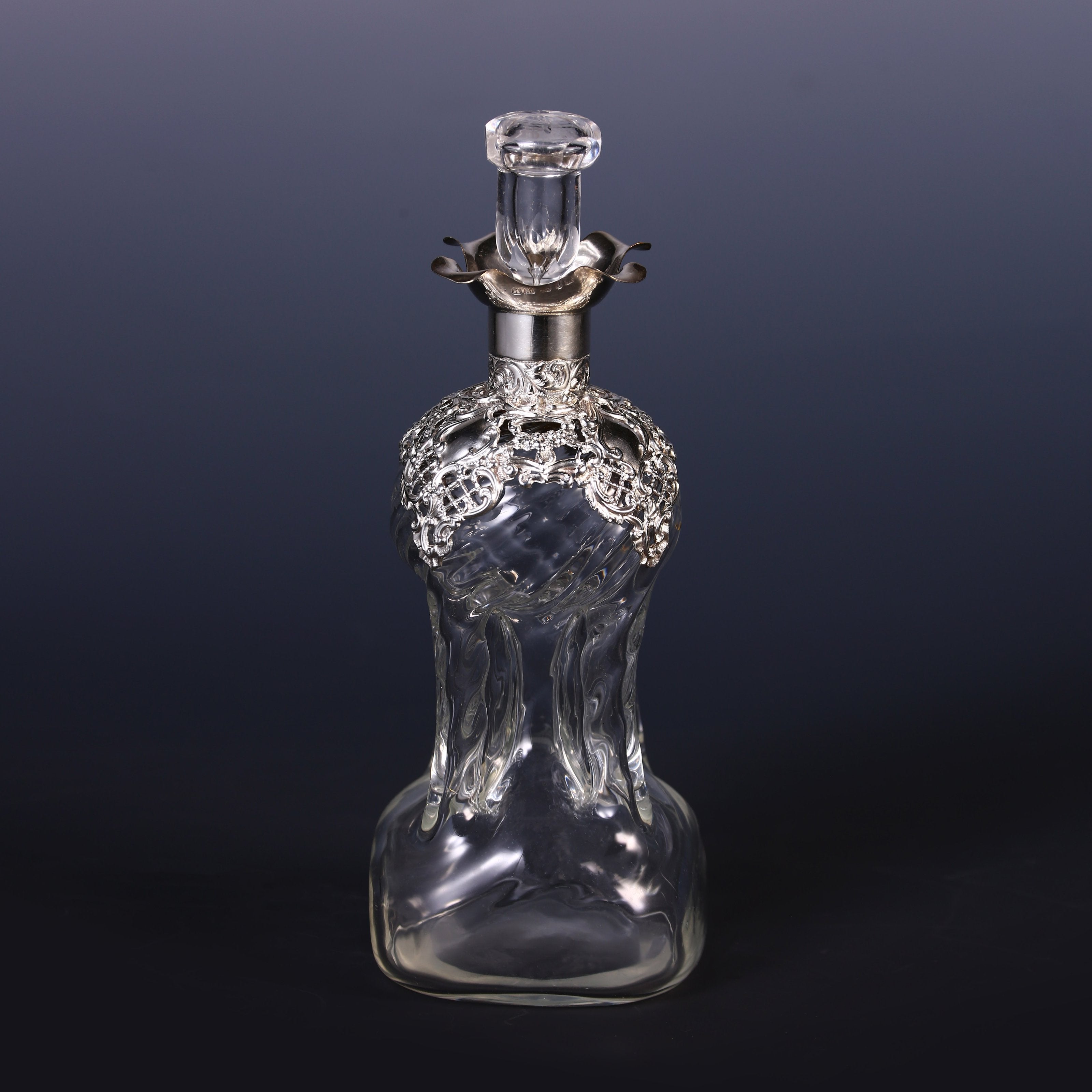 1898 British Sterling Silver Openwork Floral Crystal Wine Bottle