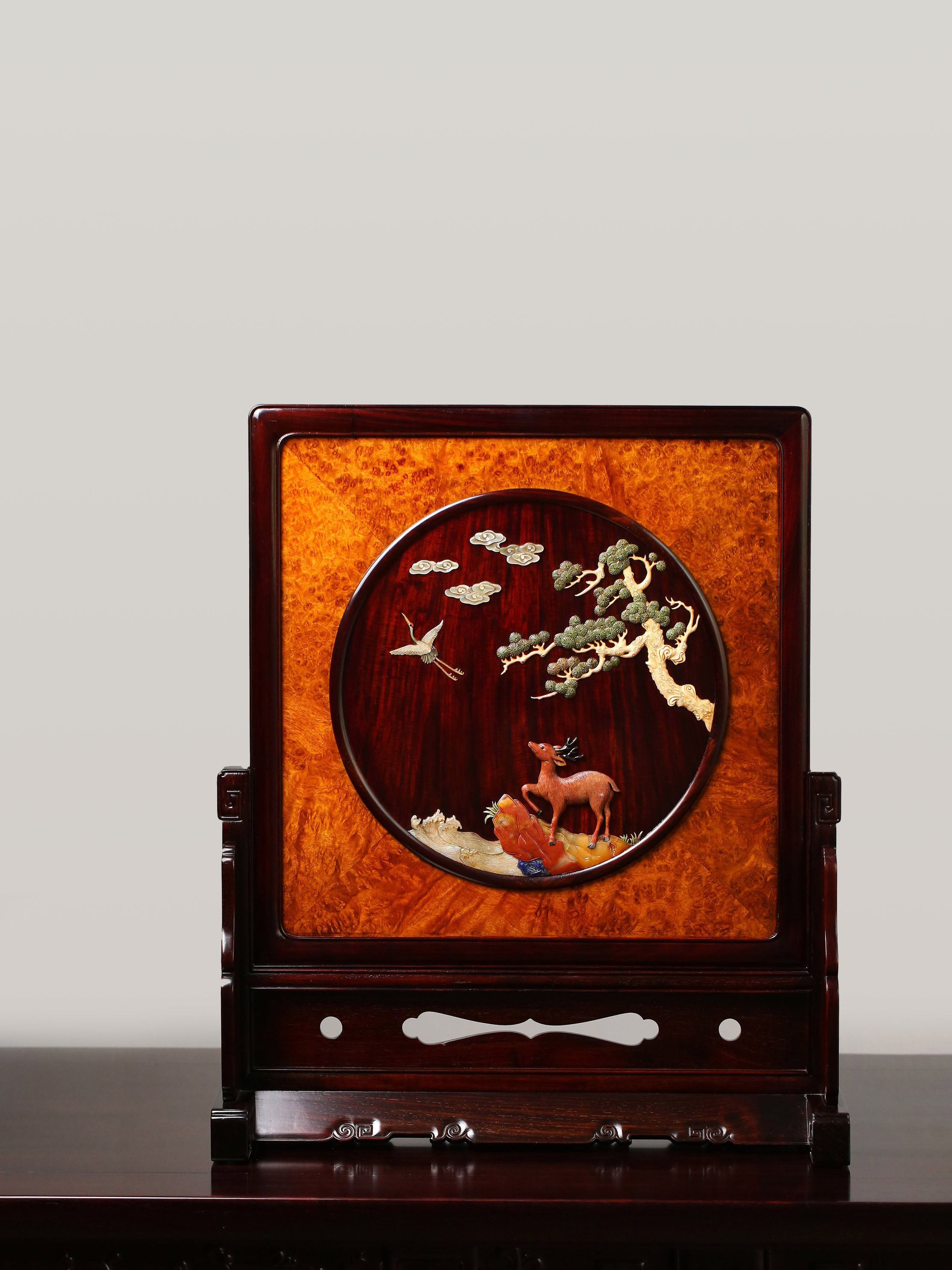Rosewood Inlaid with Deer and Crane in Springtime Burl Wood Screen