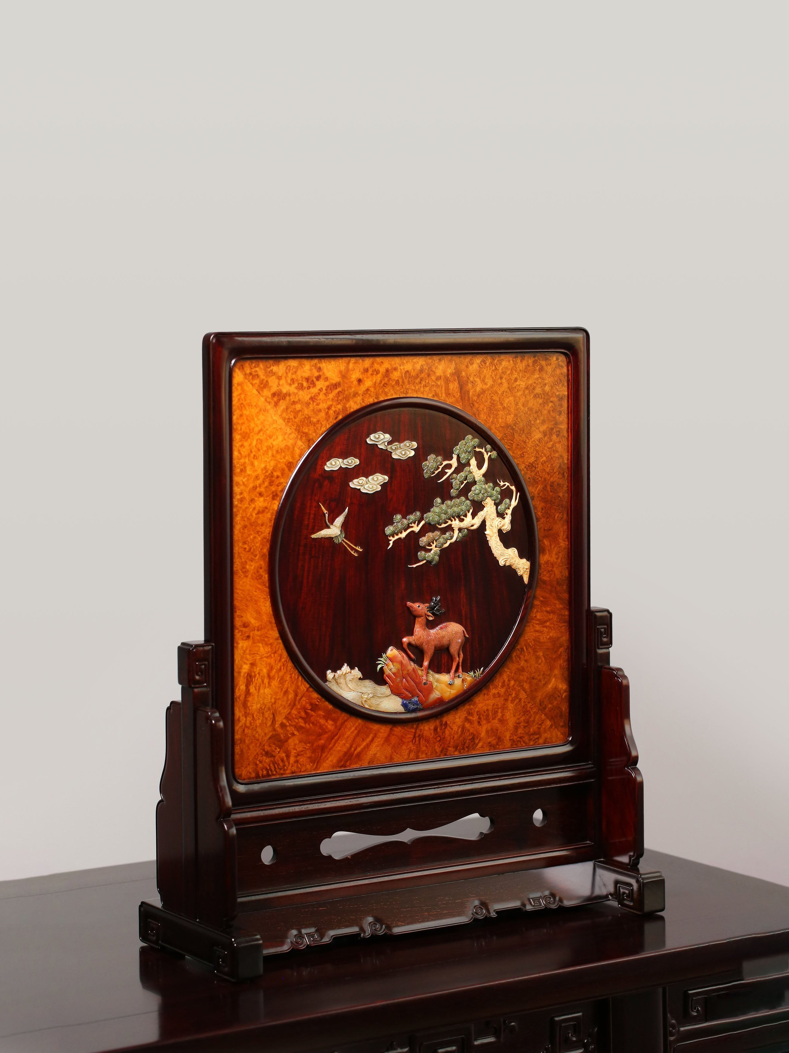 Rosewood Inlaid with Deer and Crane in Springtime Burl Wood Screen