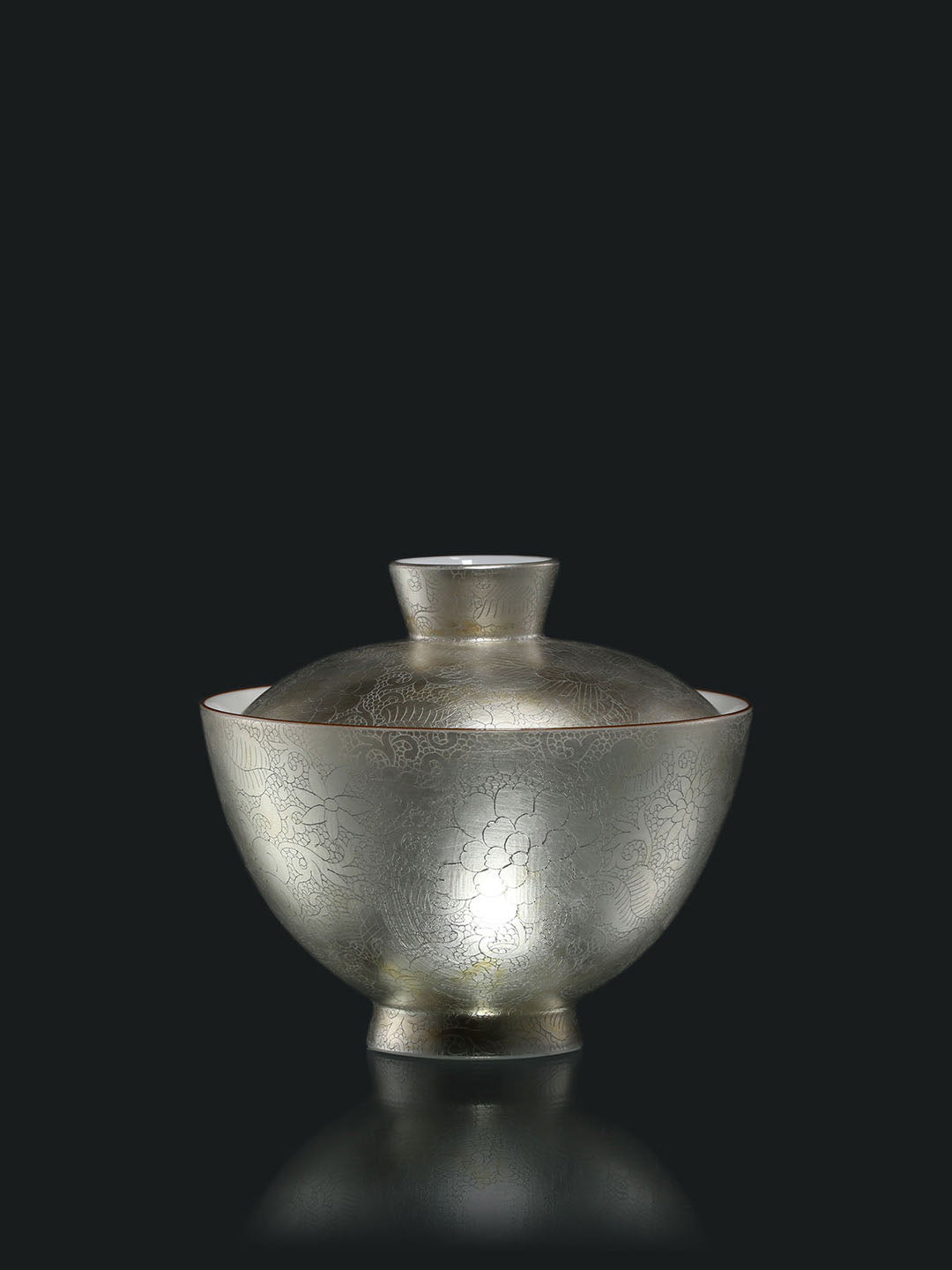 Hand-carved, fully decorated silver-glazed covered bowl/cup