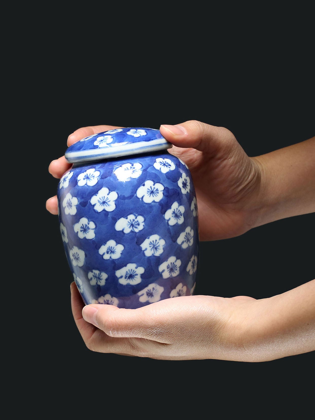 Blue and white porcelain tea canister with auspicious floral patterns