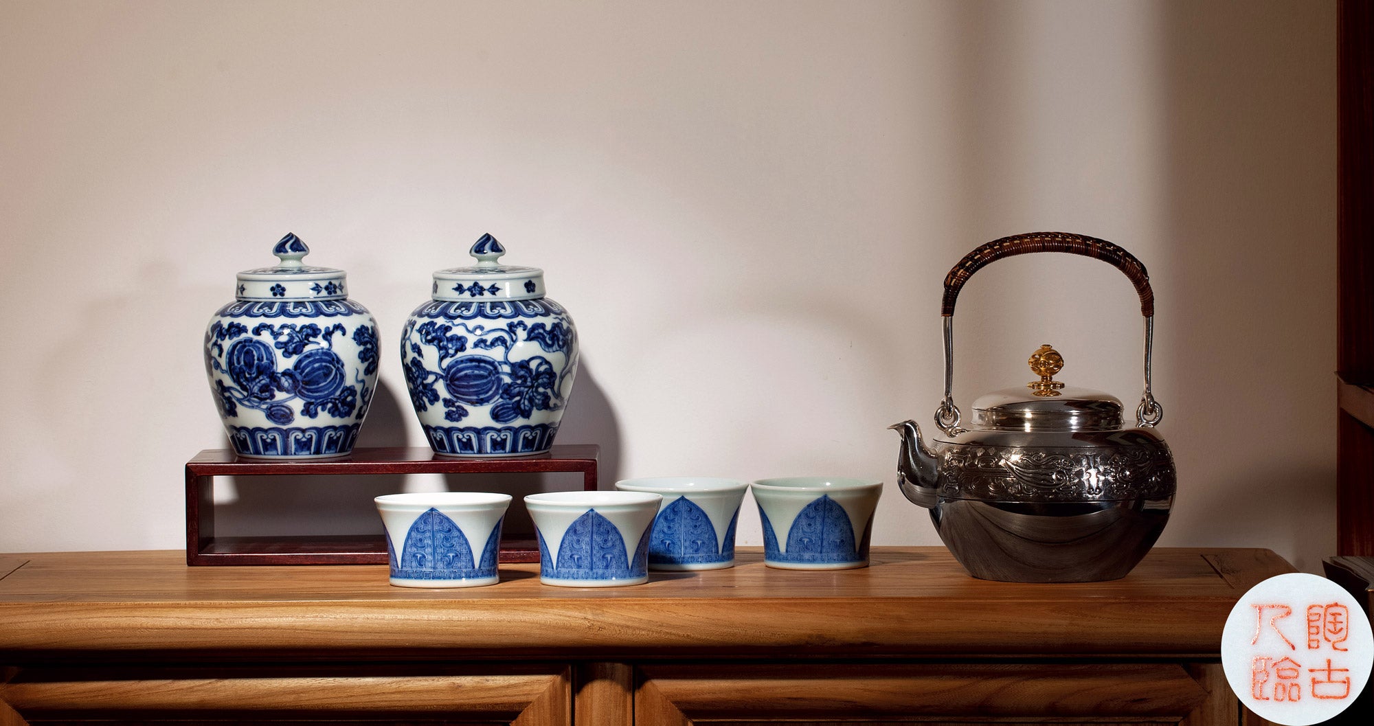 Blue and white tea warehouse