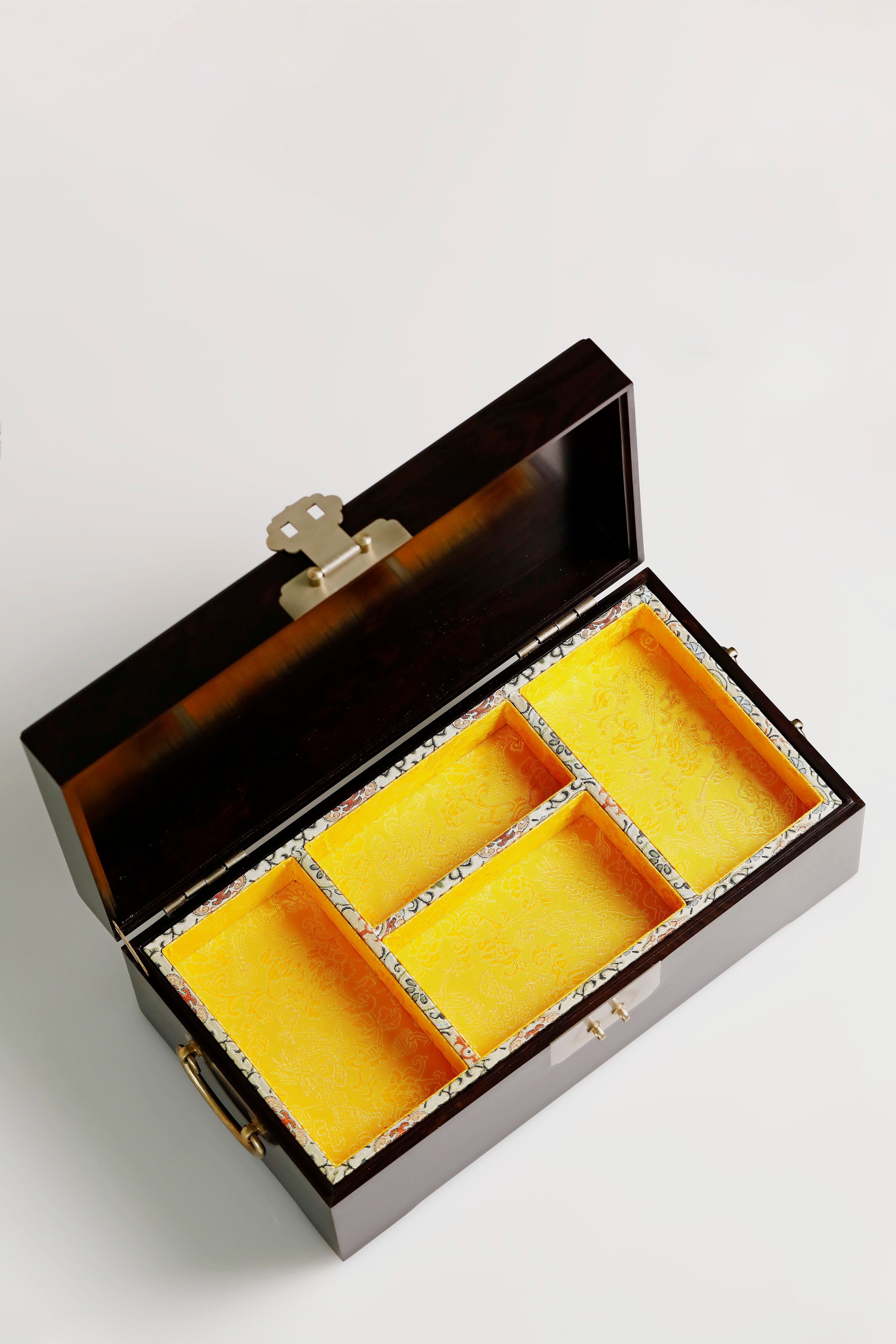 Purple sandalwood box with mandarin ducks playing in water / antique motif and gold trim