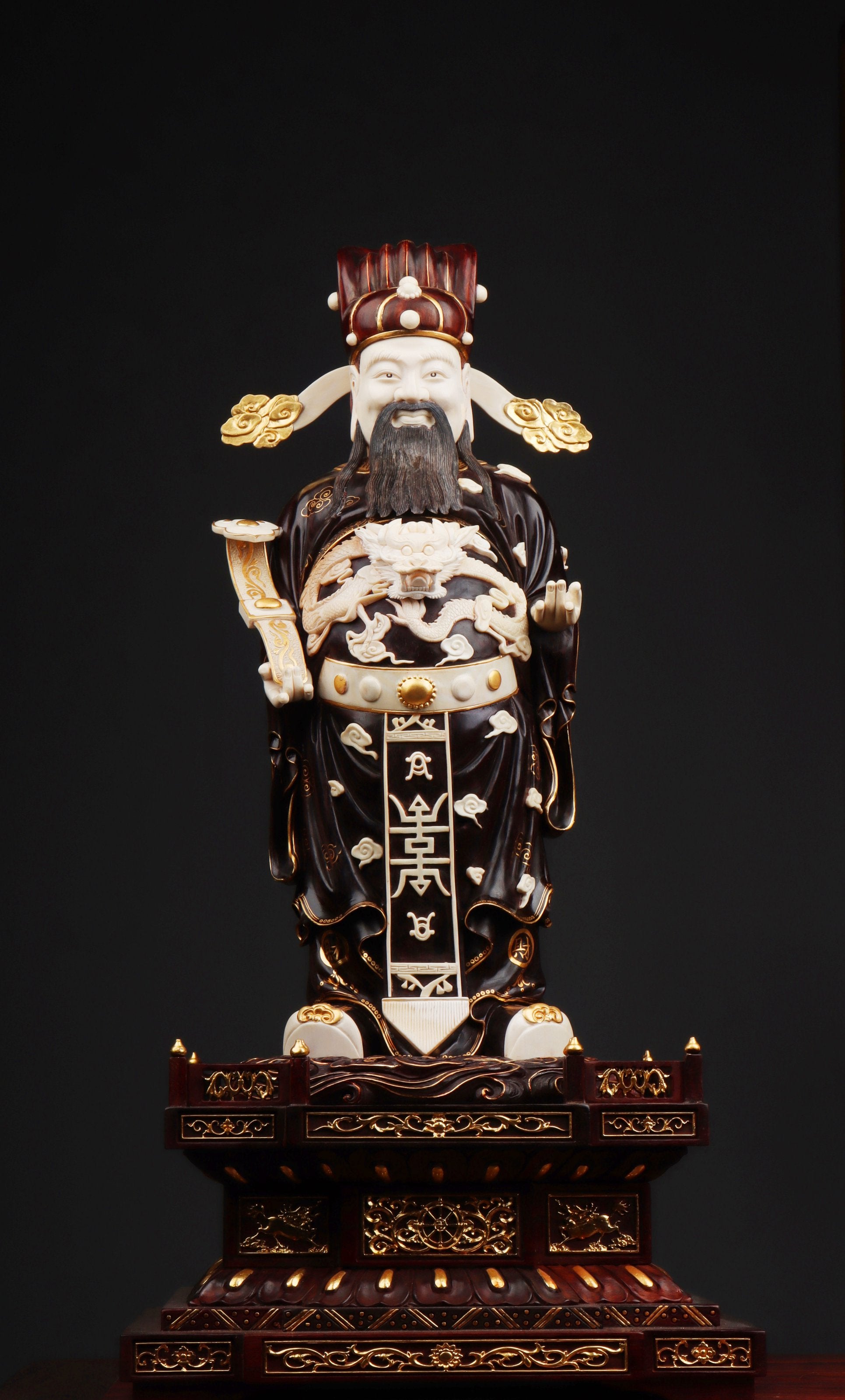 Mammoth ivory carved small-leaf sandalwood gilded God of Wealth