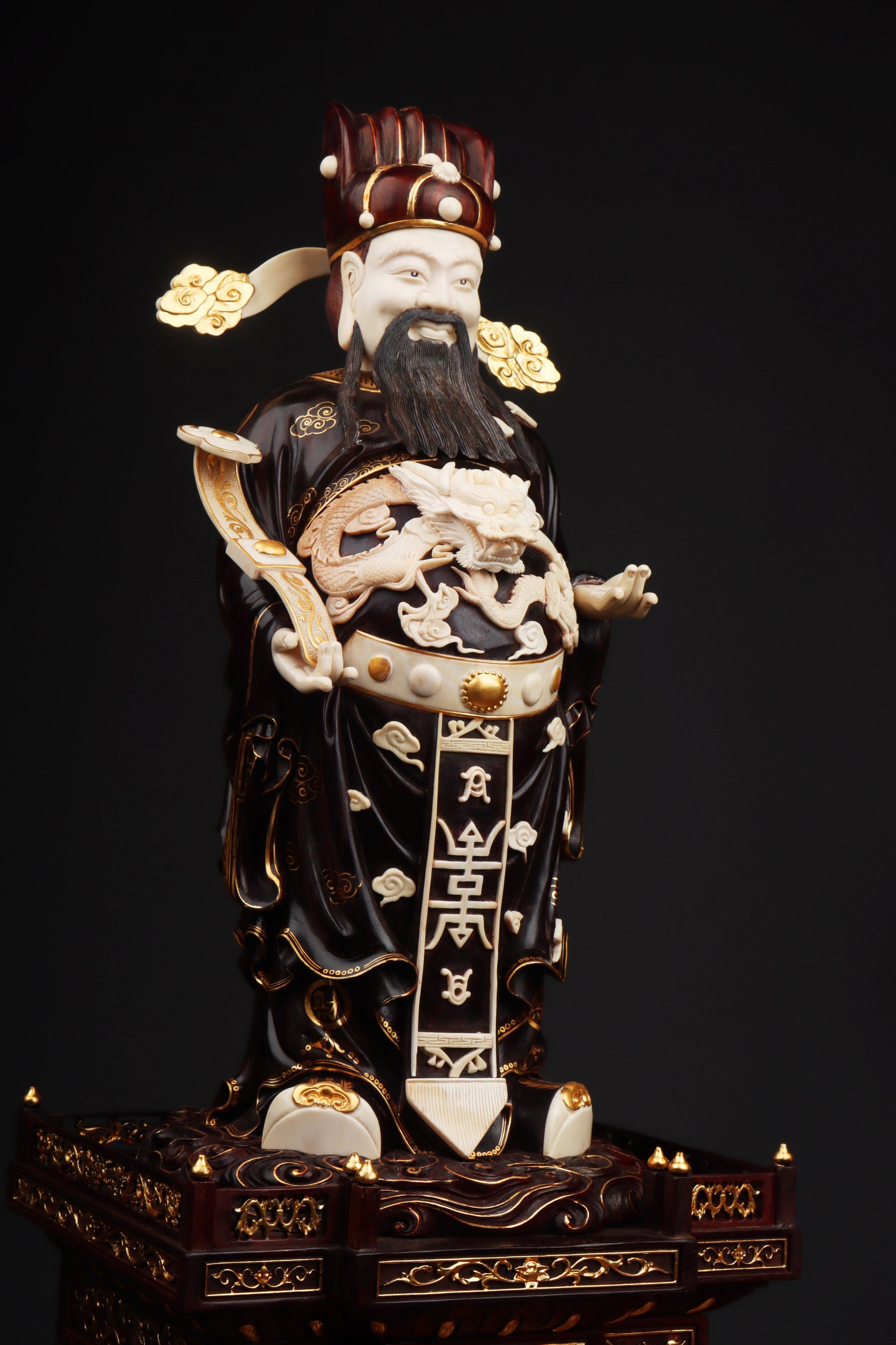 Mammoth ivory carved small-leaf sandalwood gilded God of Wealth
