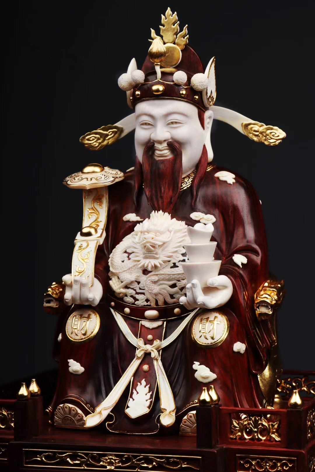 Mammoth ivory carved small-leaf sandalwood gilded God of Wealth
