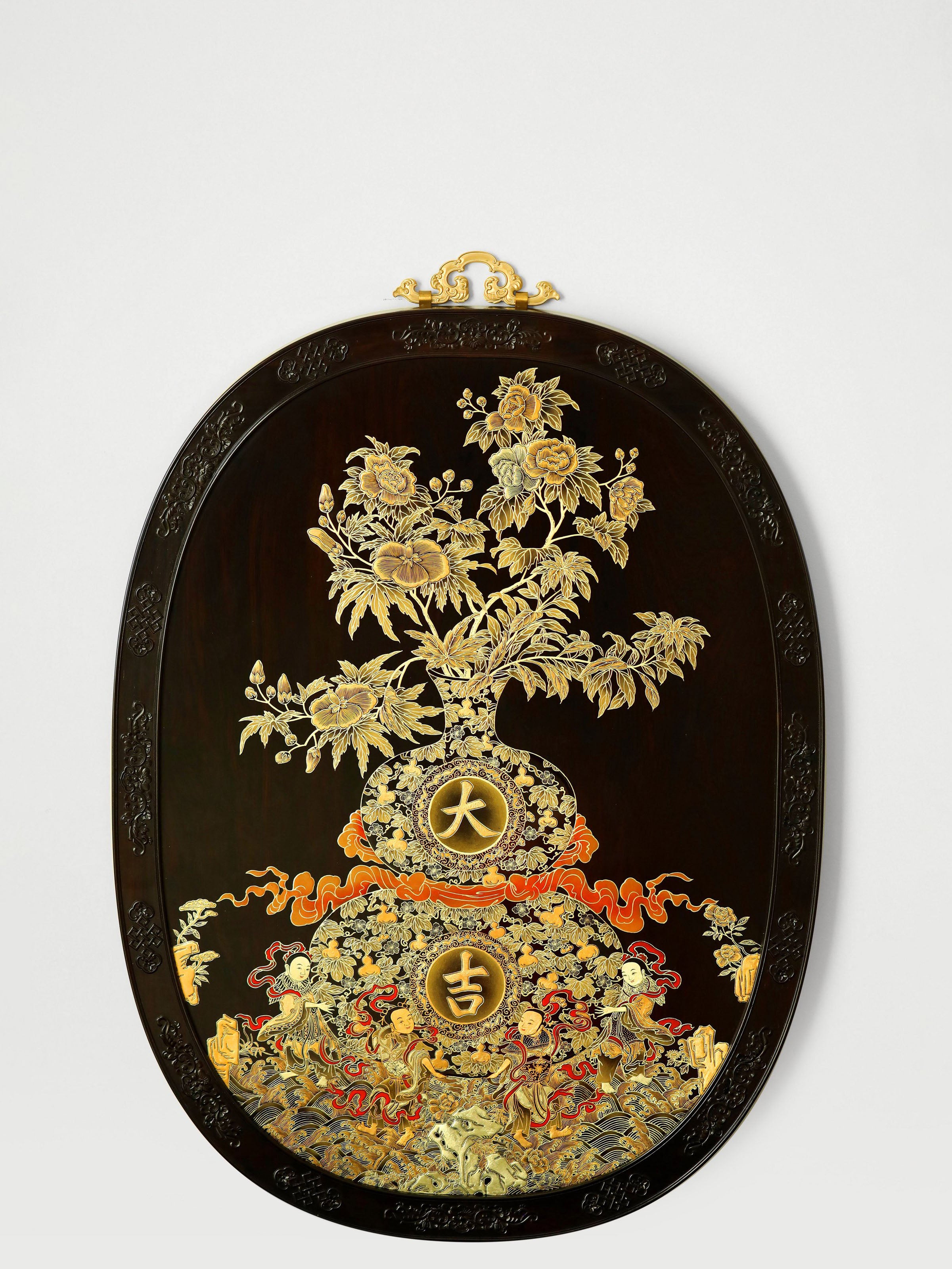 Purple sandalwood gilt auspicious vase flower hanging screen