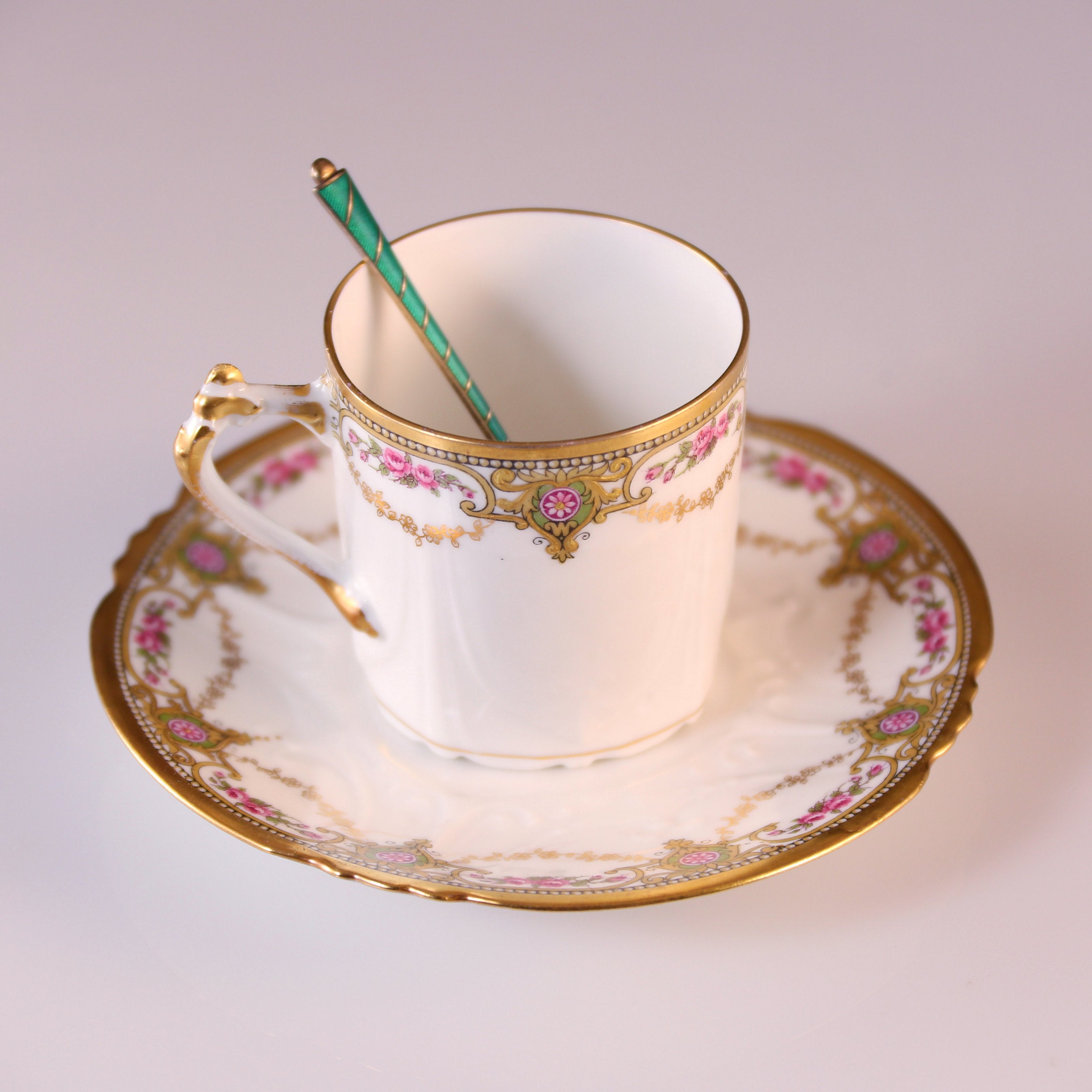 Six antique British sterling silver gilt enamel spoons / Six sets of 19th-century French gilt floral teacups (including saucers)