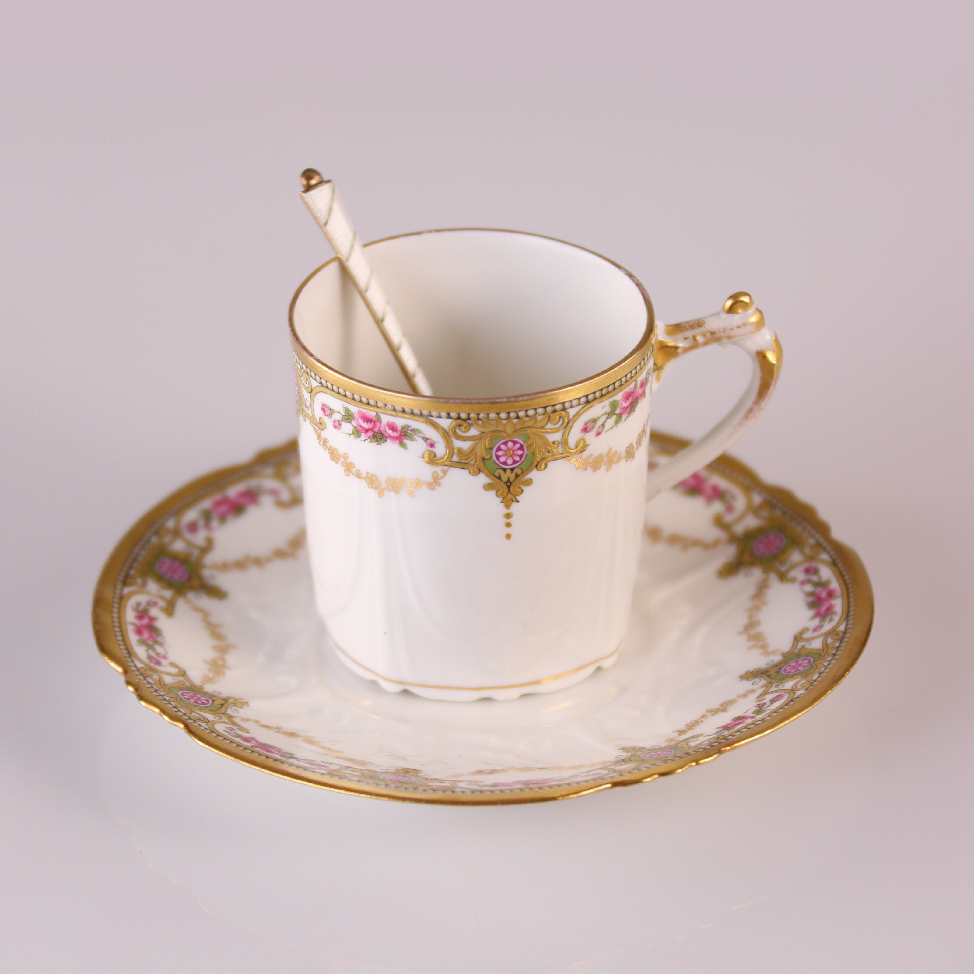 Six antique British sterling silver gilt enamel spoons / Six sets of 19th-century French gilt floral teacups (including saucers)