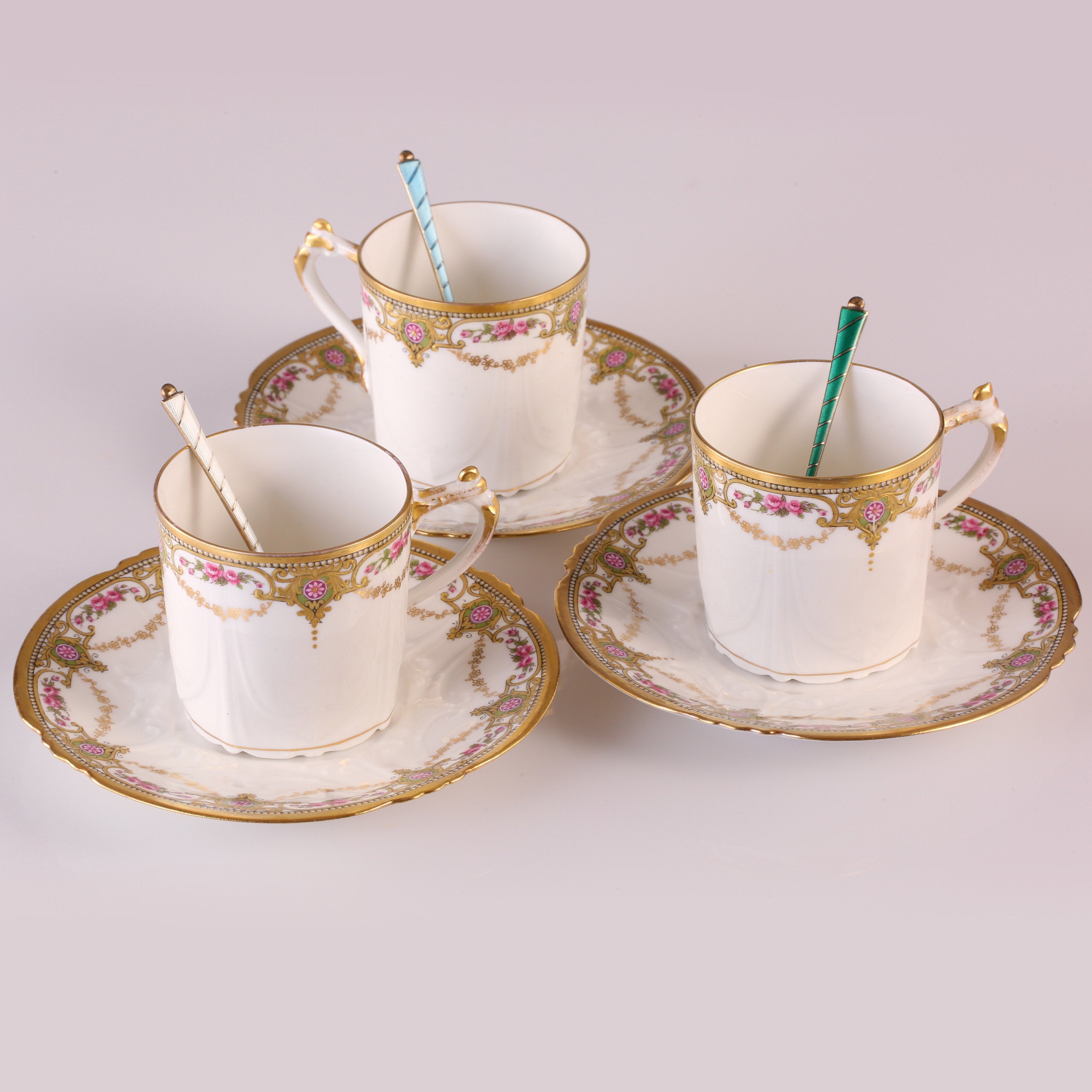 Six antique British sterling silver gilt enamel spoons / Six sets of 19th-century French gilt floral teacups (including saucers)