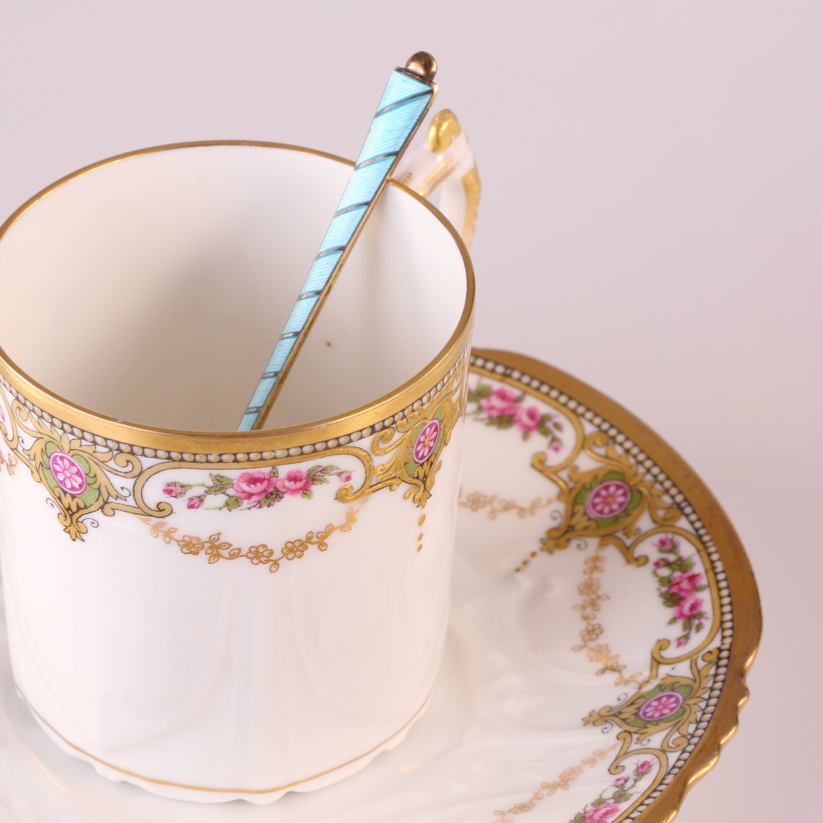 Six antique British sterling silver gilt enamel spoons / Six sets of 19th-century French gilt floral teacups (including saucers)
