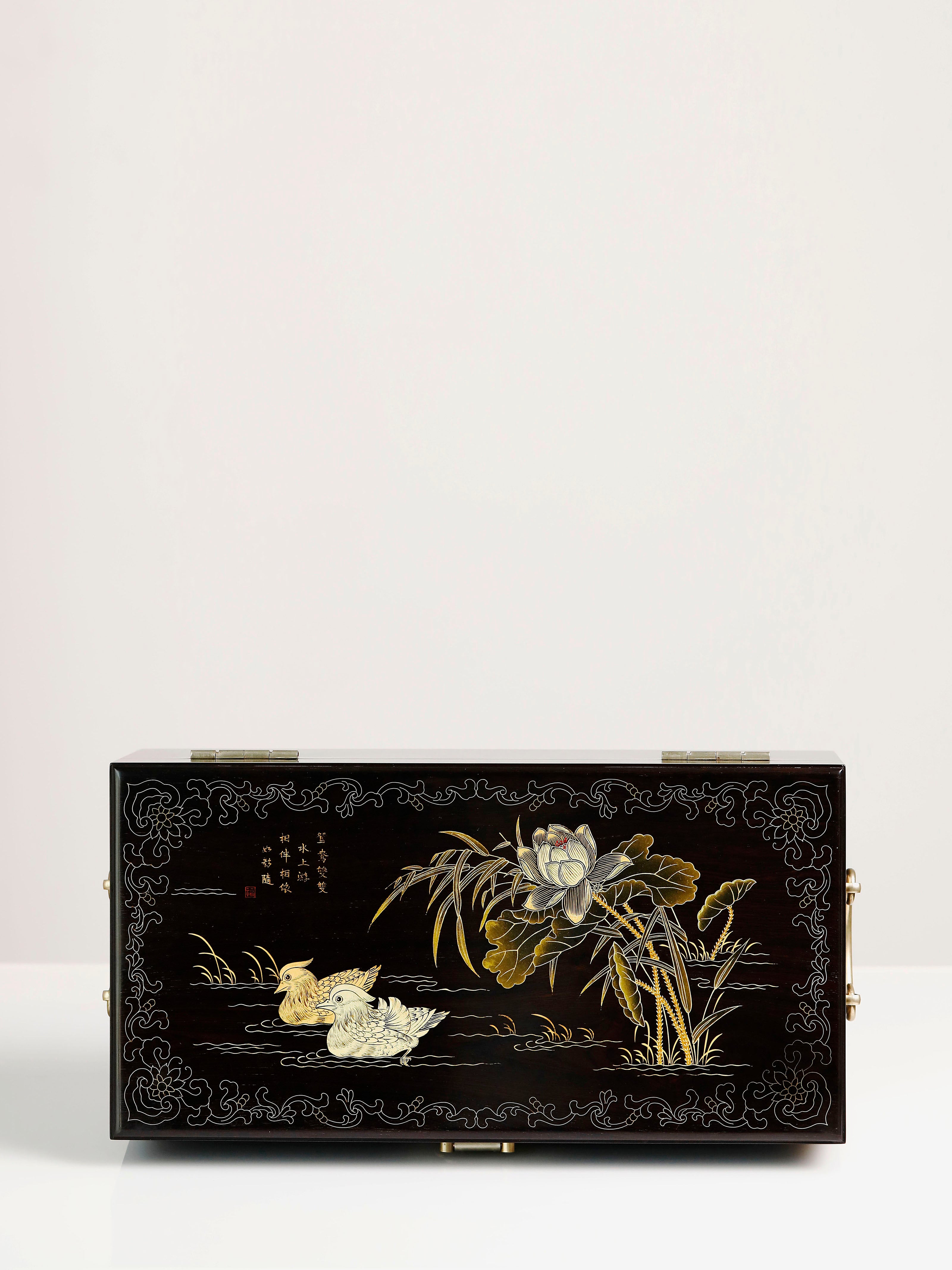 Purple sandalwood box with mandarin ducks playing in water / antique motif and gold trim