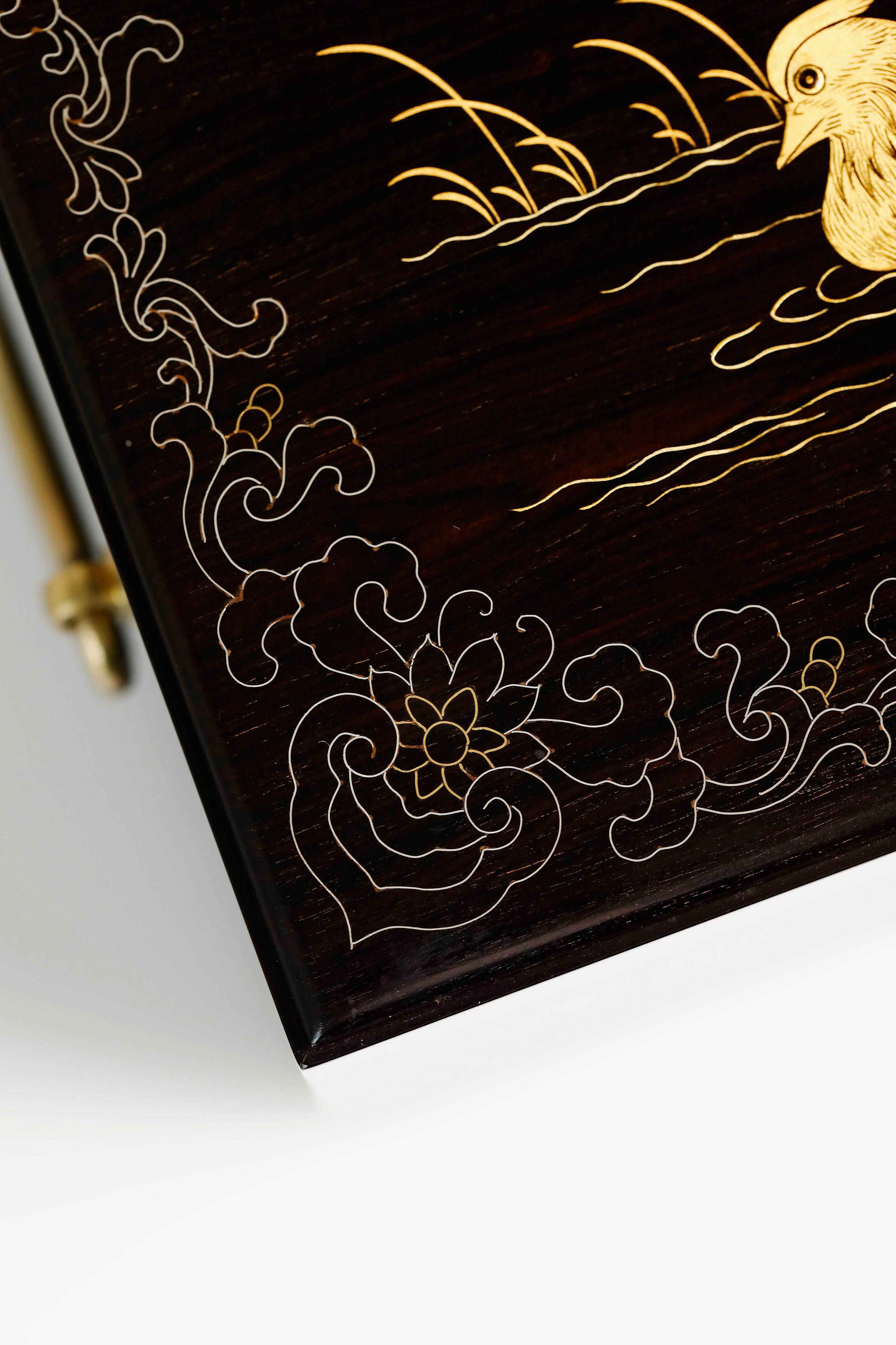 Purple sandalwood box with mandarin ducks playing in water / antique motif and gold trim