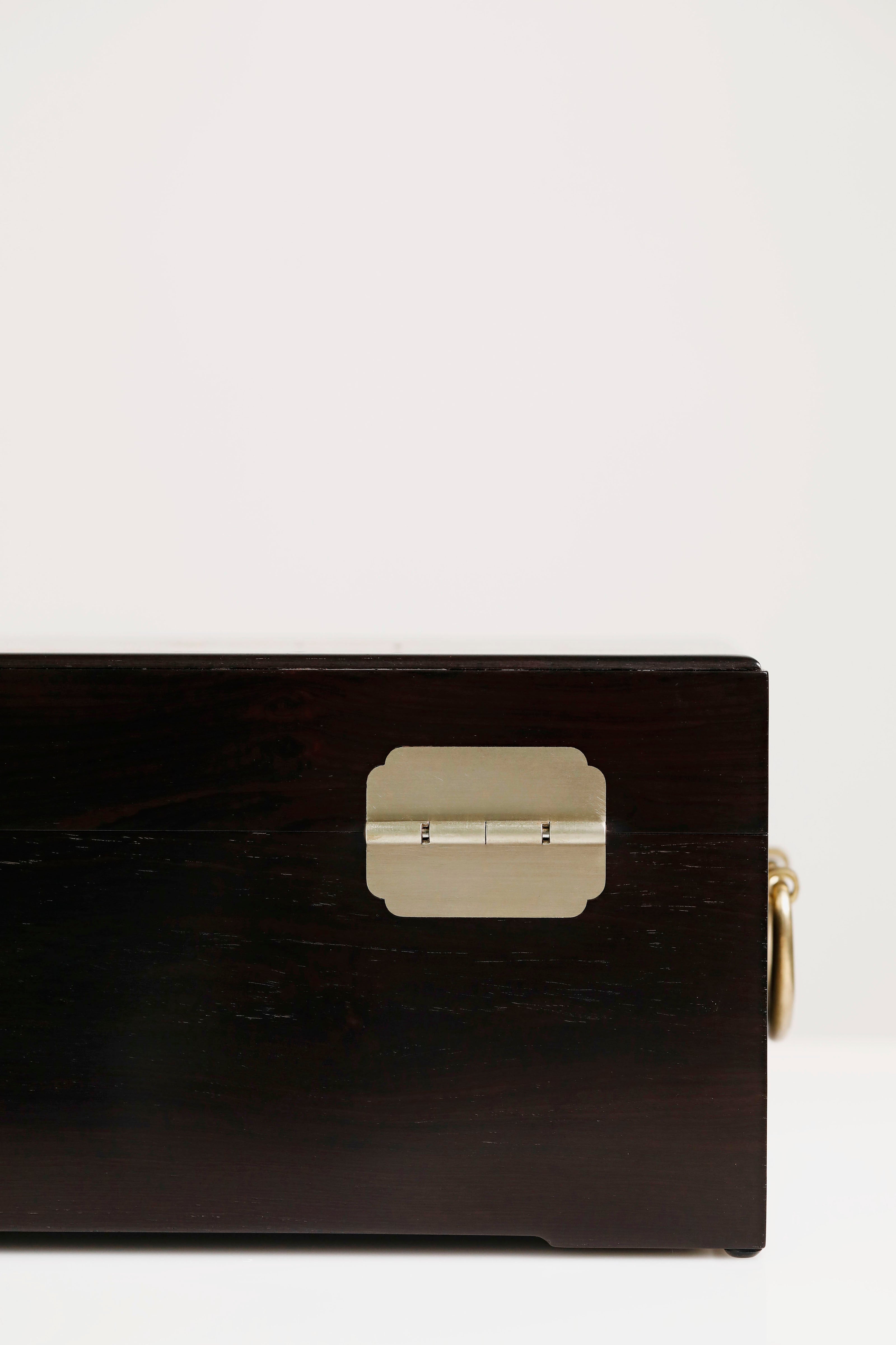 Purple sandalwood box with mandarin ducks playing in water / antique motif and gold trim