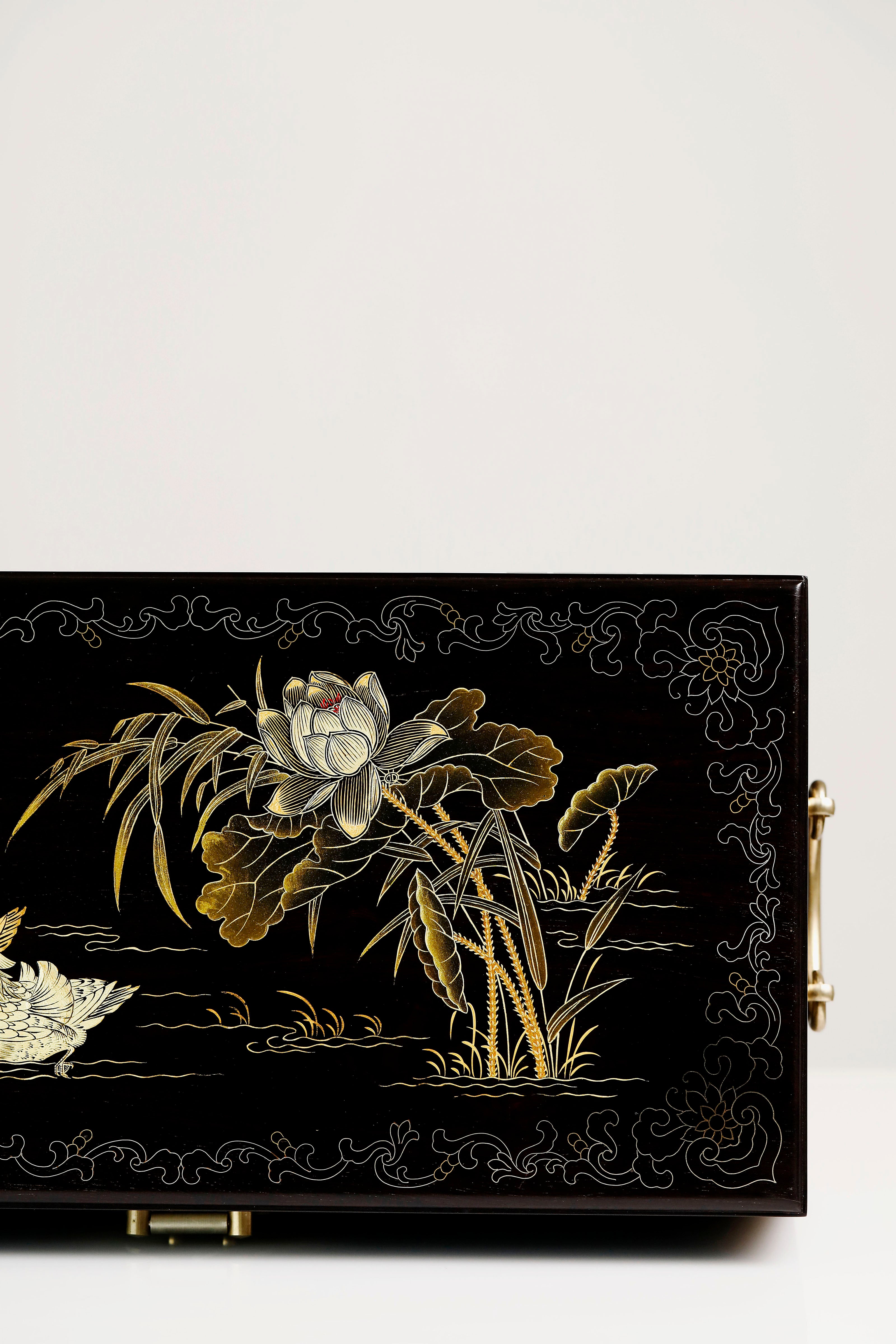 Purple sandalwood box with mandarin ducks playing in water / antique motif and gold trim