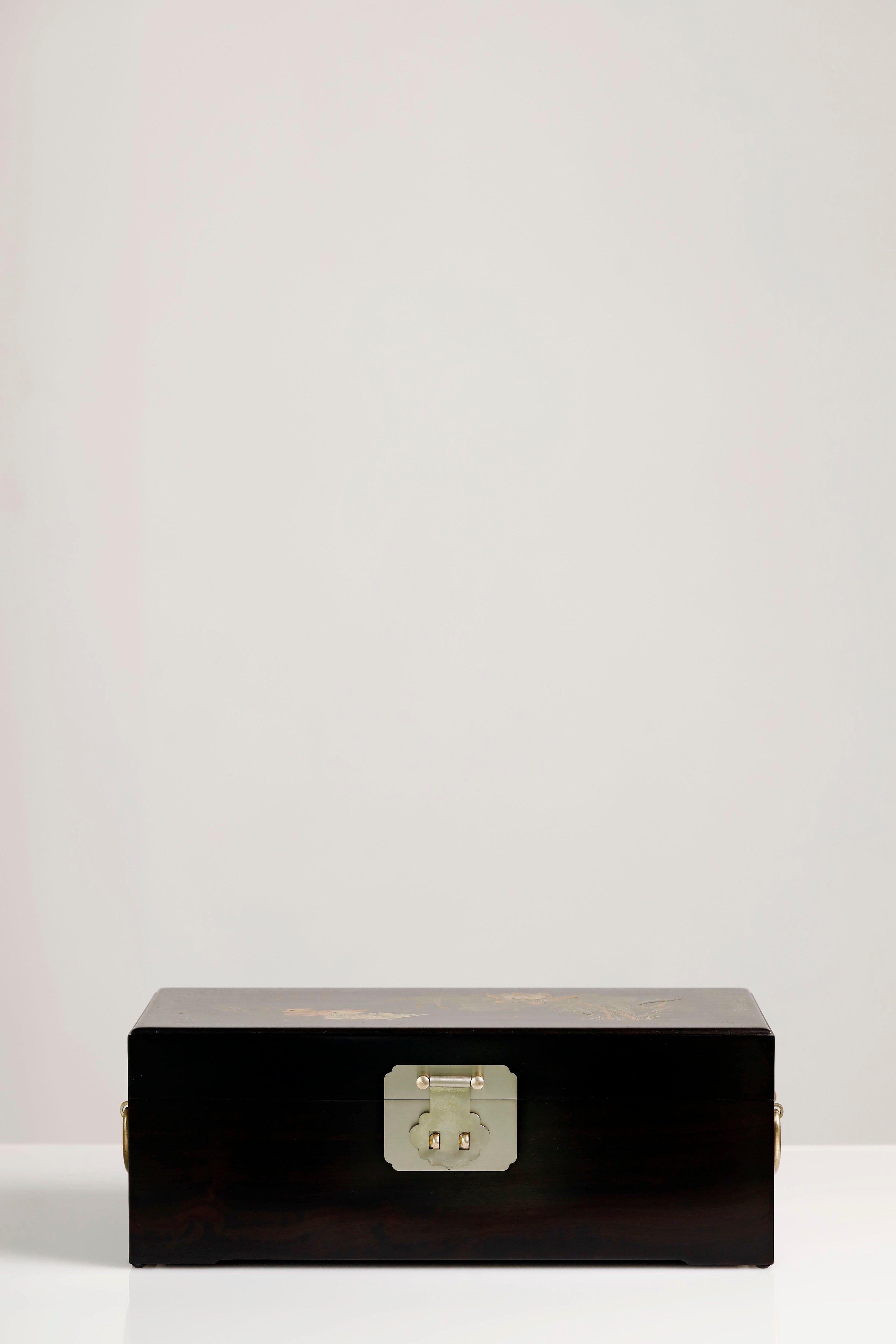 Purple sandalwood box with mandarin ducks playing in water / antique motif and gold trim