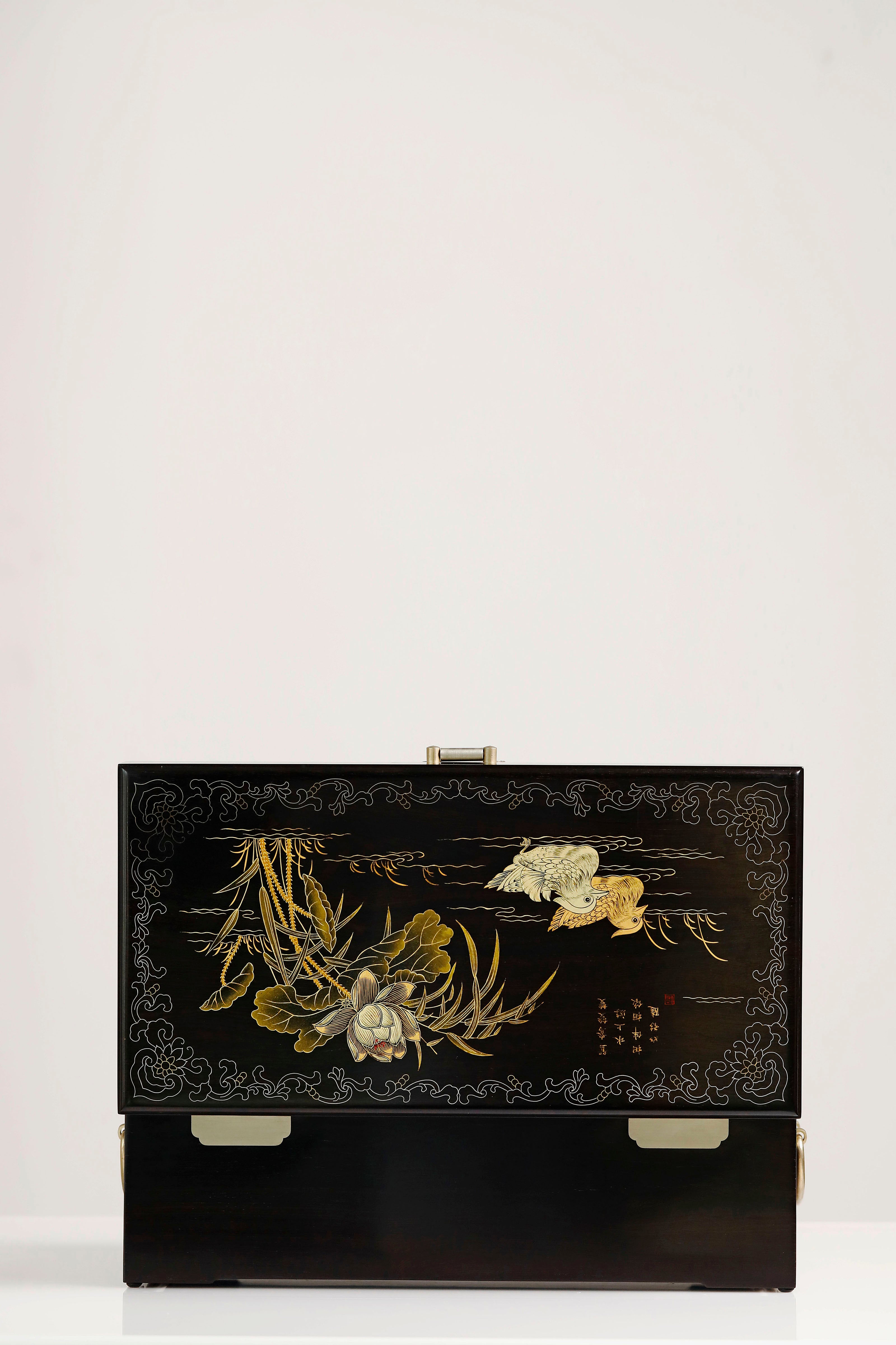 Purple sandalwood box with mandarin ducks playing in water / antique motif and gold trim