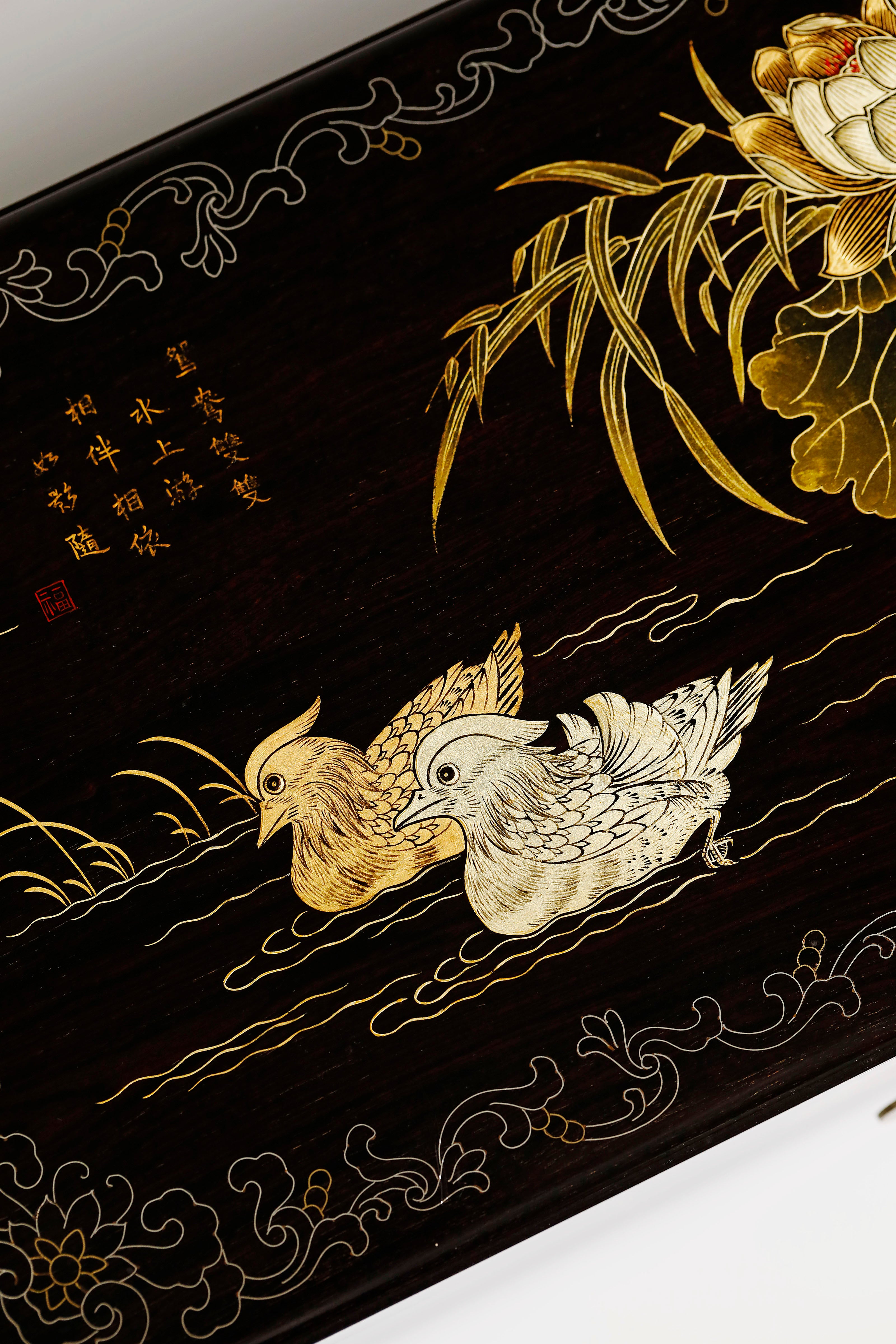 Purple sandalwood box with mandarin ducks playing in water / antique motif and gold trim